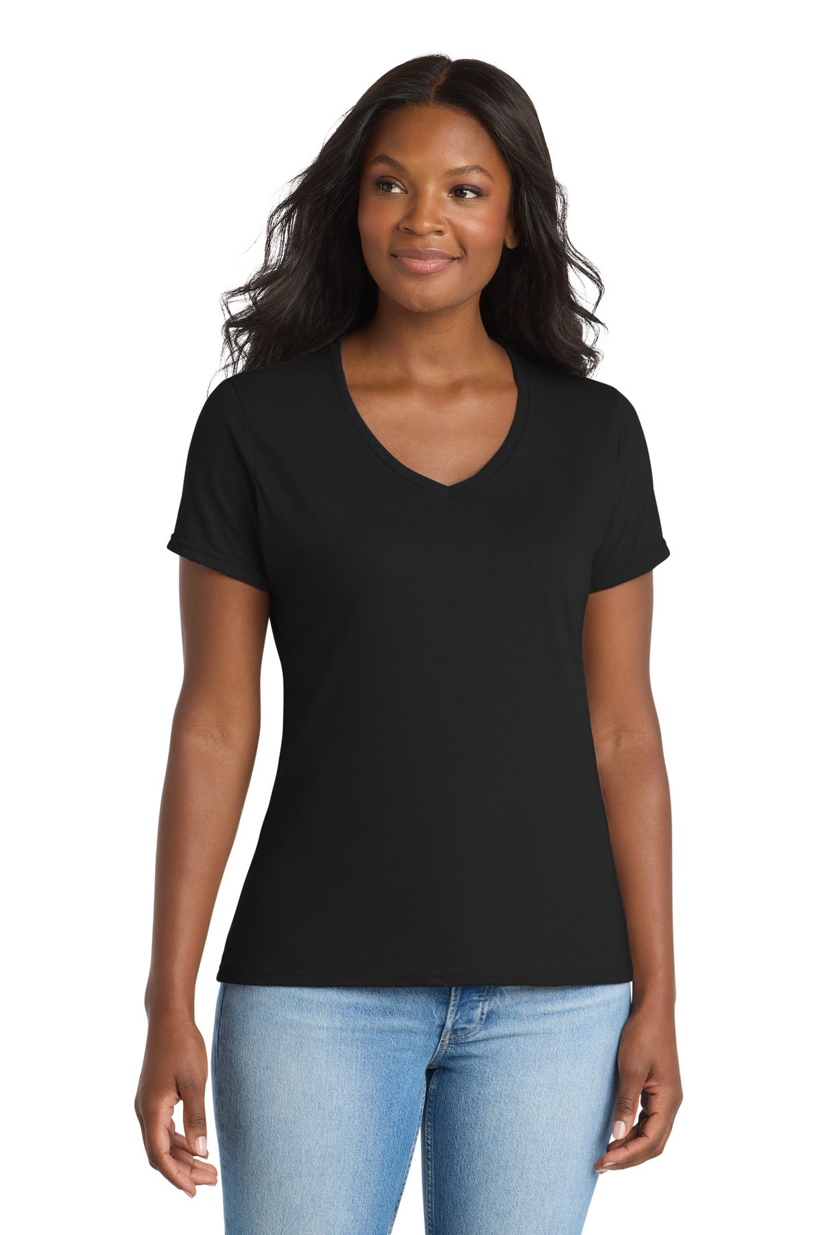 Custom logo Port & Co® Women's Performance Blend V-Neck Tee. LPC381V in Jet Black