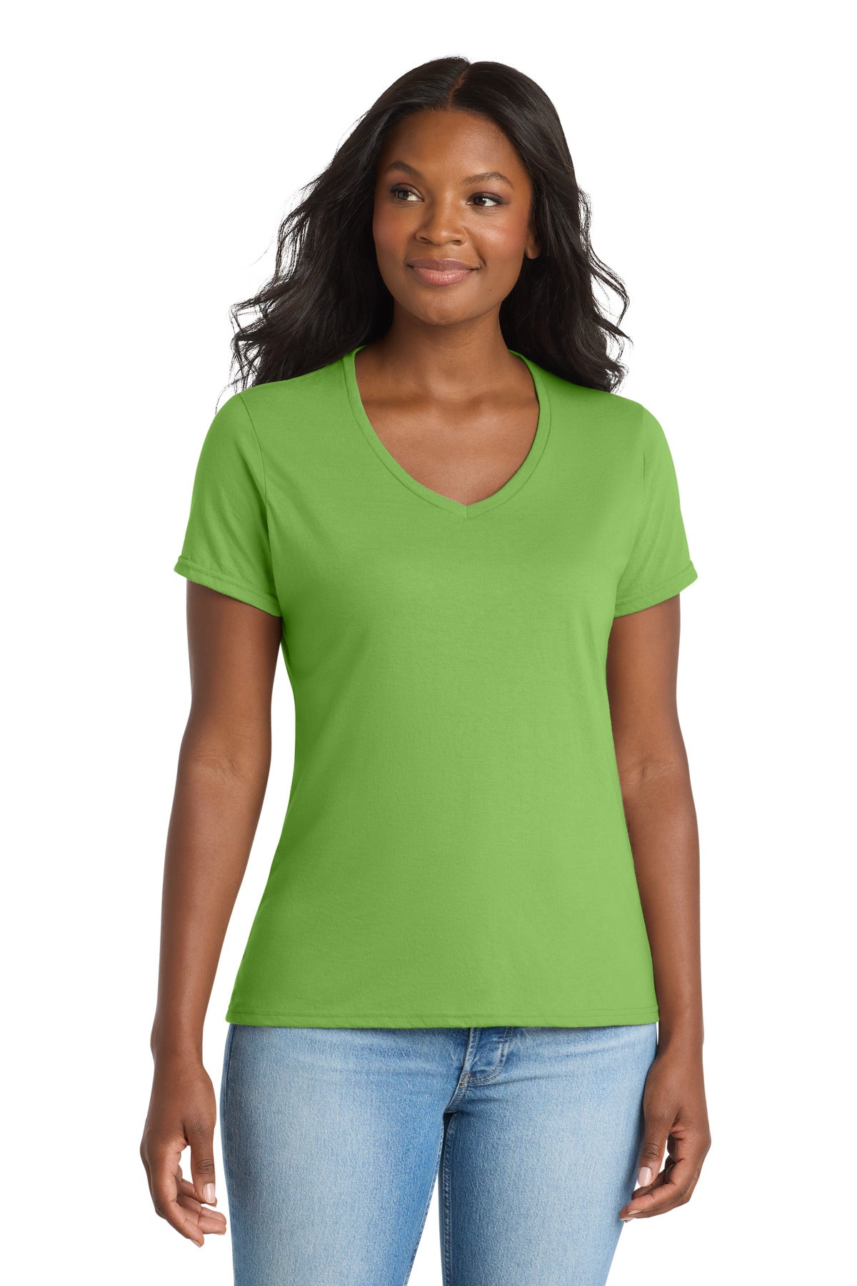 Custom logo Port & Co® Women's Performance Blend V-Neck Tee. LPC381V in Lime