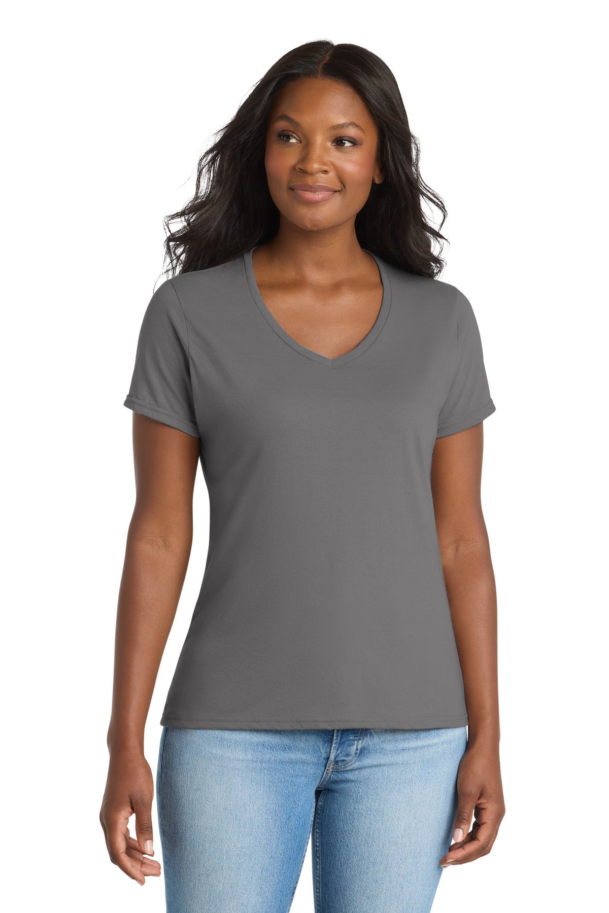 Custom logo Port & Co® Women's Performance Blend V-Neck Tee. LPC381V in Medium Grey