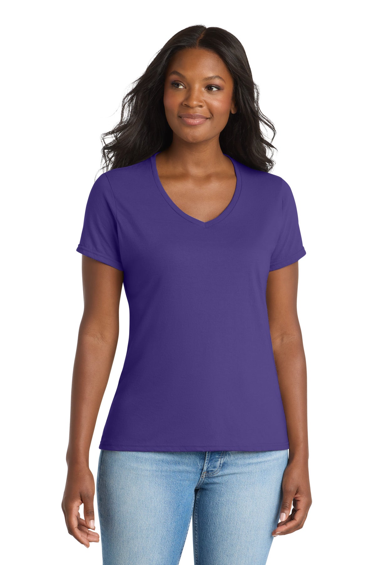 Custom logo Port & Co® Women's Performance Blend V-Neck Tee. LPC381V in Purple