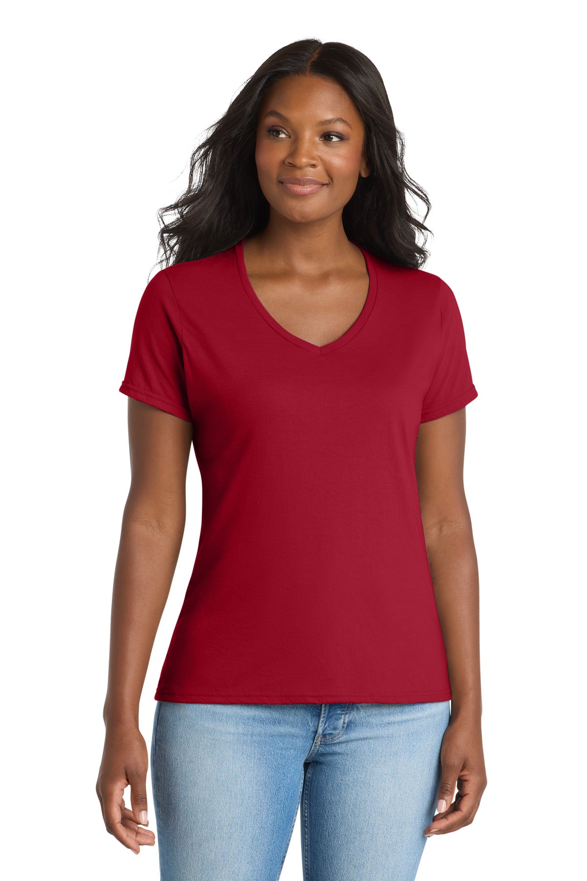 Custom logo Port & Co® Women's Performance Blend V-Neck Tee. LPC381V in Red