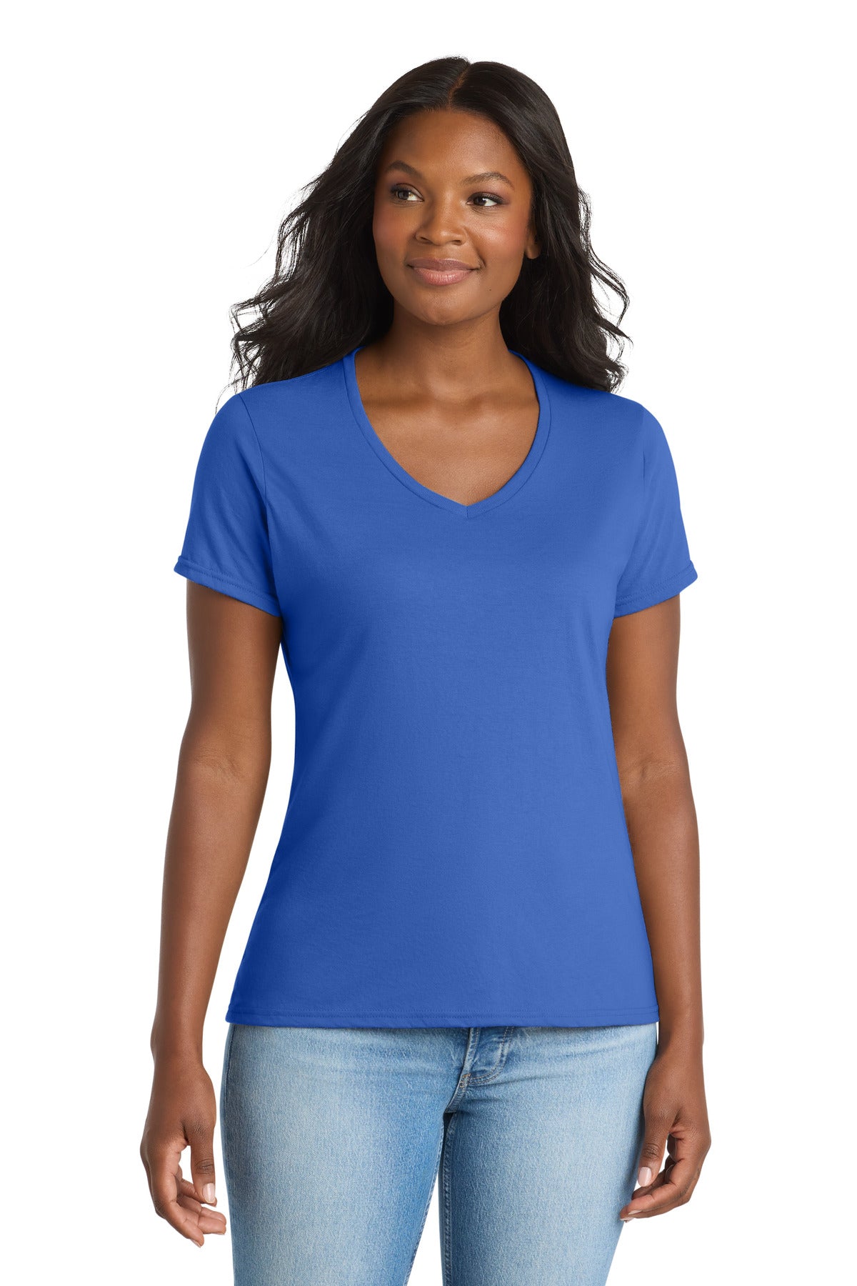 Custom logo Port & Co® Women's Performance Blend V-Neck Tee. LPC381V in True Royal