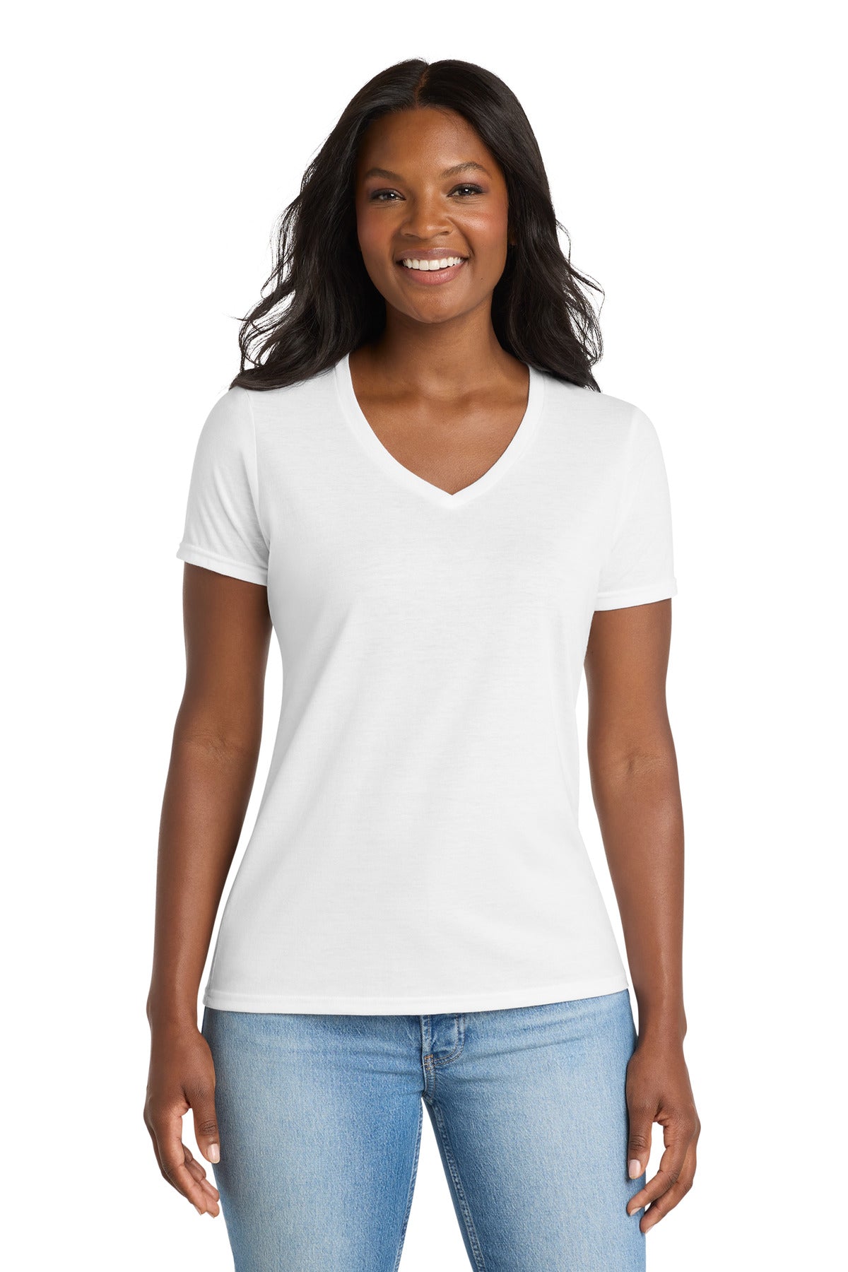 Custom logo Port & Co® Women's Performance Blend V-Neck Tee. LPC381V in White