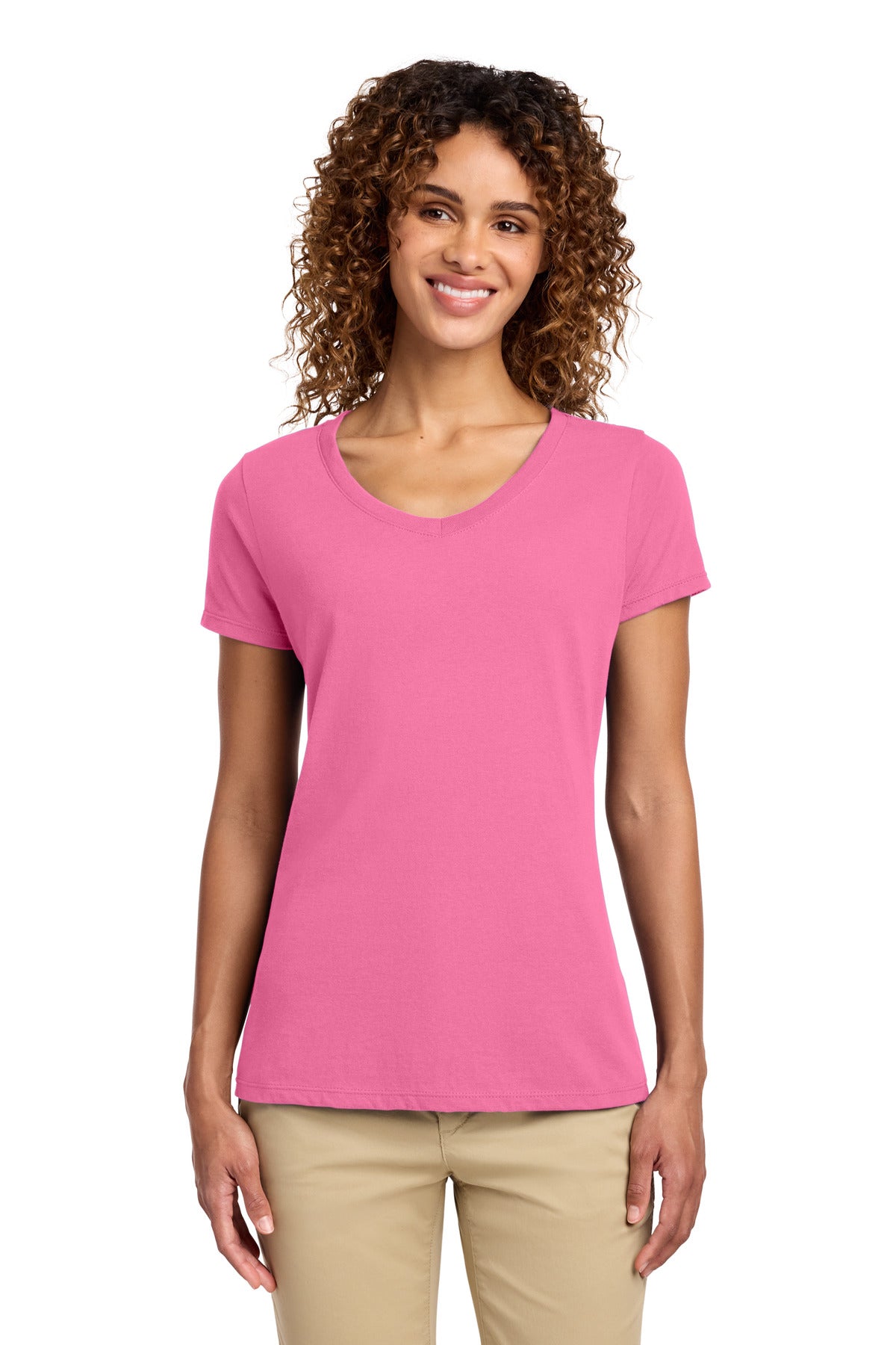Custom logo Port & Co® Women's Fan Favorite V-Neck Tee. LPC450V in New Pink