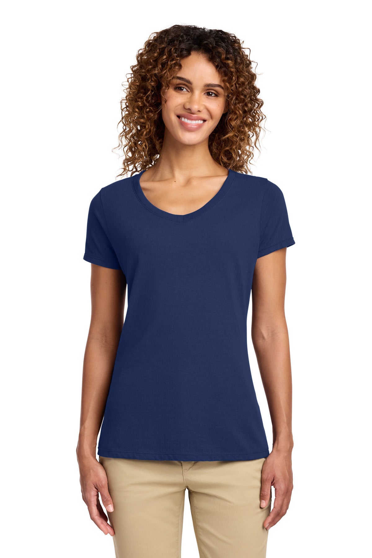 Custom logo Port & Co® Women's Fan Favorite V-Neck Tee. LPC450V in Team Navy