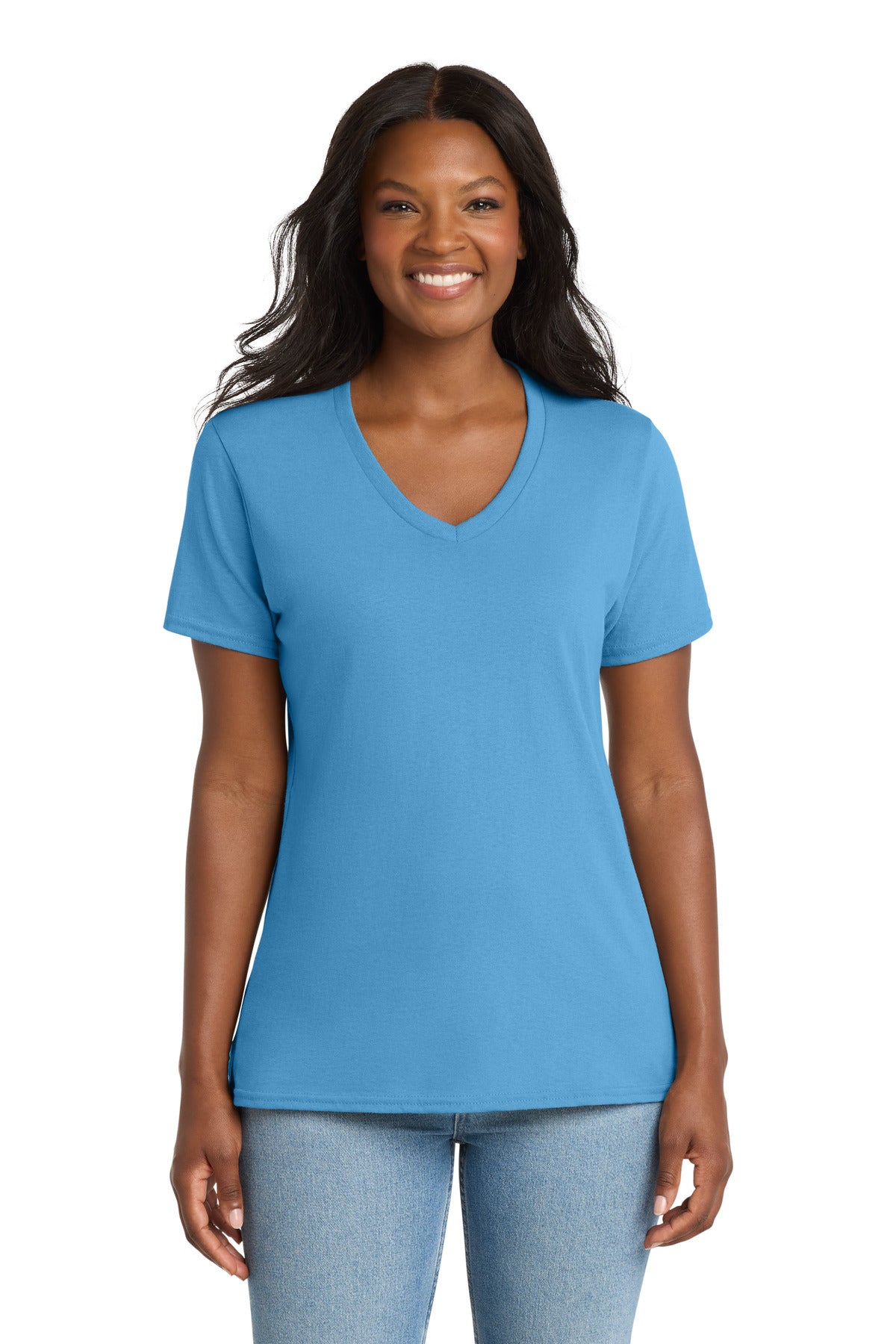 Custom logo Port & Co® Women's Core Cotton V-Neck Tee. LPC54V in Aquatic Blue