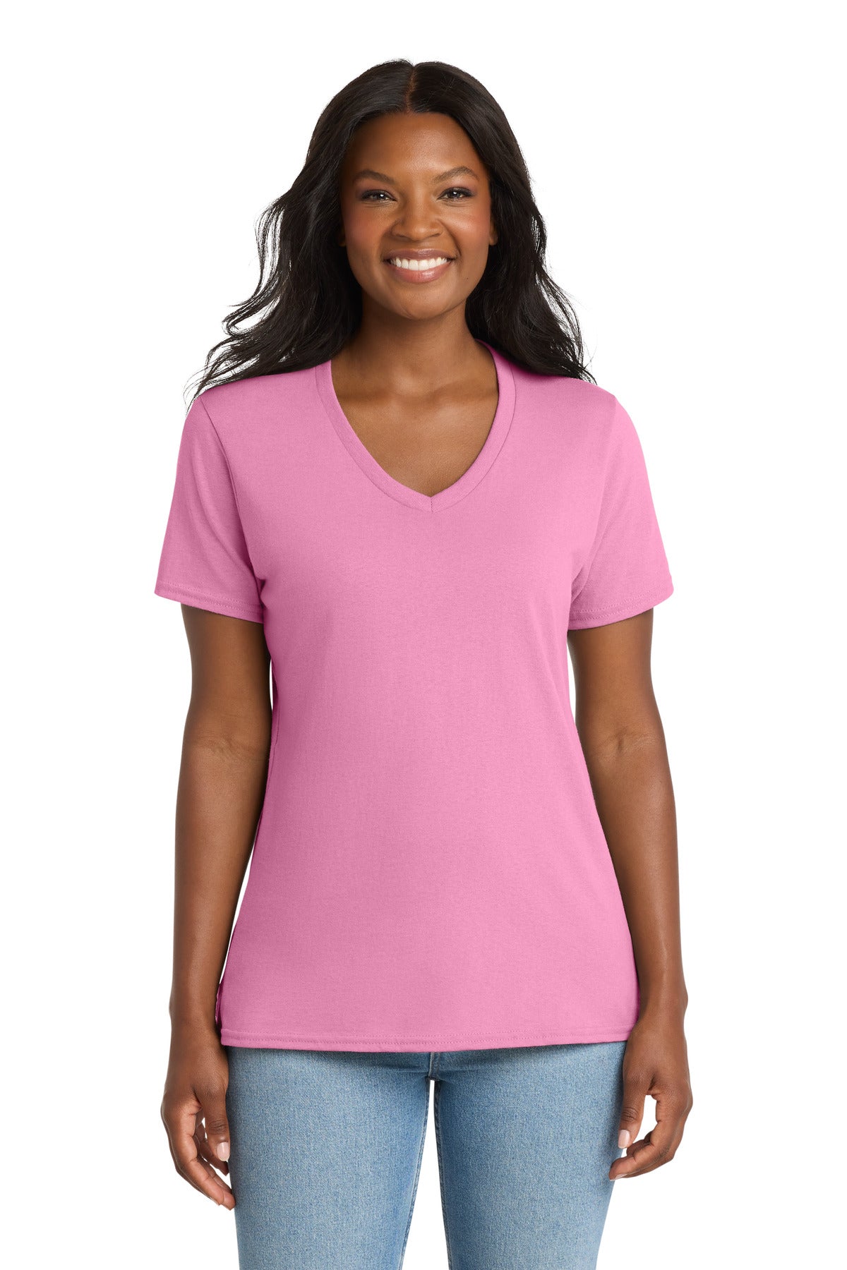 Custom logo Port & Co® Women's Core Cotton V-Neck Tee. LPC54V in Candy Pink