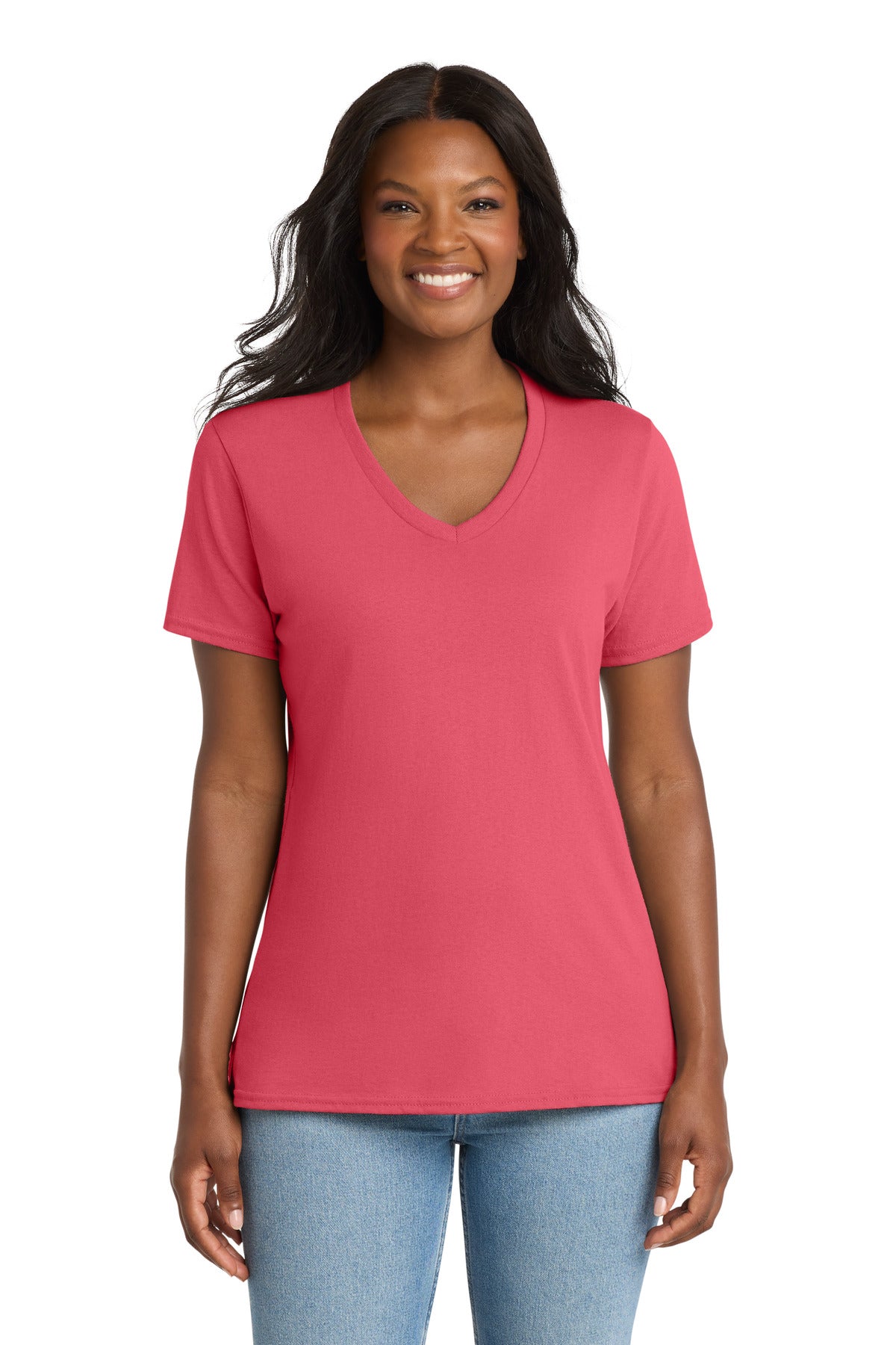 Custom logo Port & Co® Women's Core Cotton V-Neck Tee. LPC54V in Coral