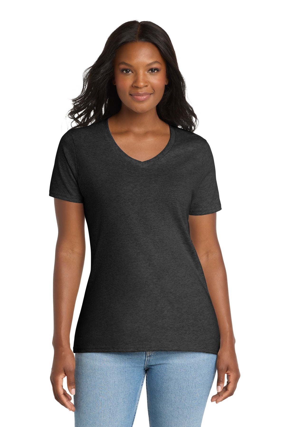 Custom logo Port & Co® Women's Core Cotton V-Neck Tee. LPC54V in Dark Heather Grey