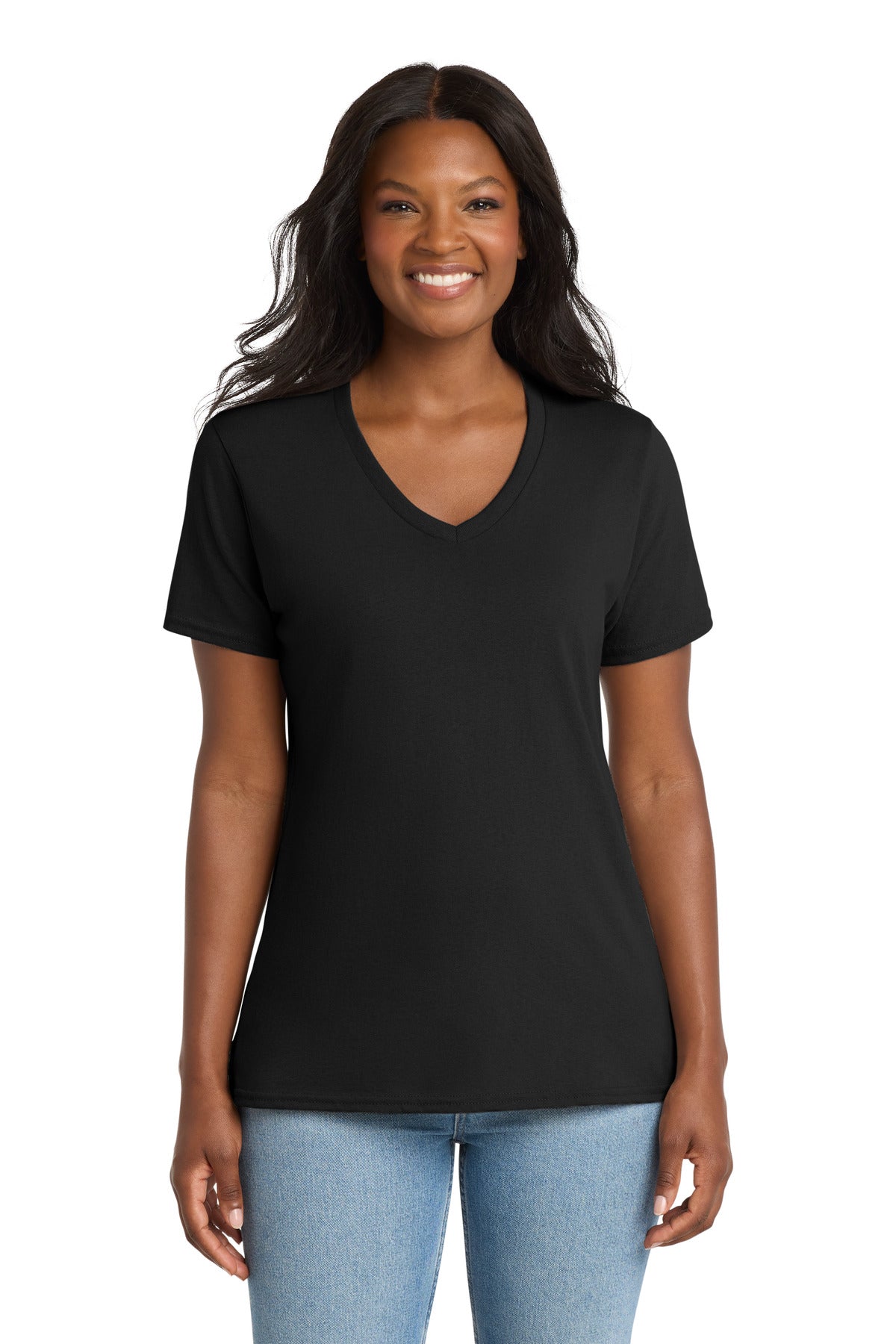 Custom logo Port & Co® Women's Core Cotton V-Neck Tee. LPC54V in Jet Black