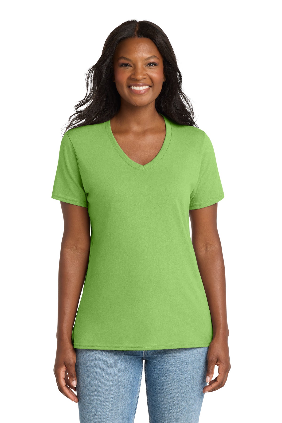 Custom logo Port & Co® Women's Core Cotton V-Neck Tee. LPC54V in Lime