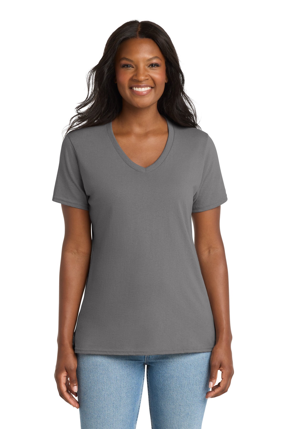 Custom logo Port & Co® Women's Core Cotton V-Neck Tee. LPC54V in Medium Grey