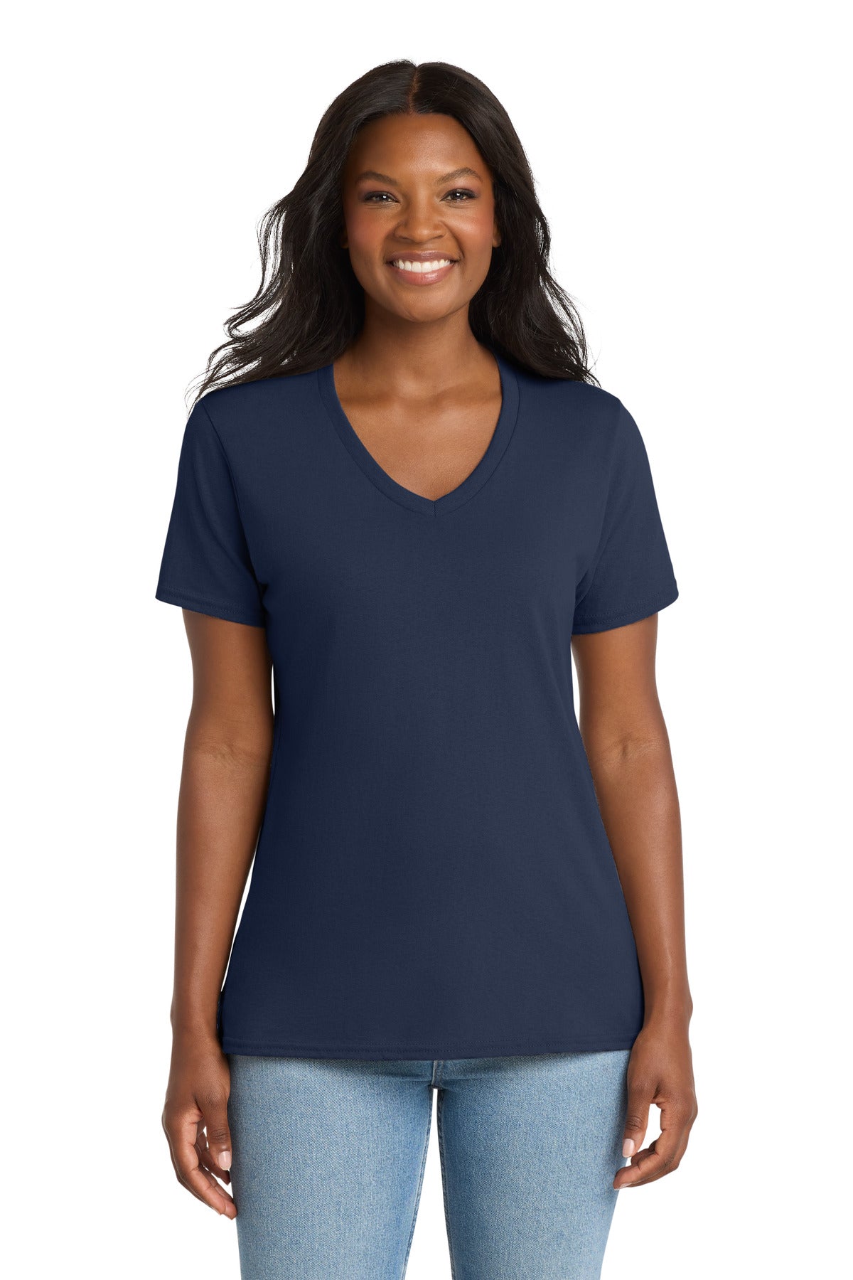 Custom logo Port & Co® Women's Core Cotton V-Neck Tee. LPC54V in Navy