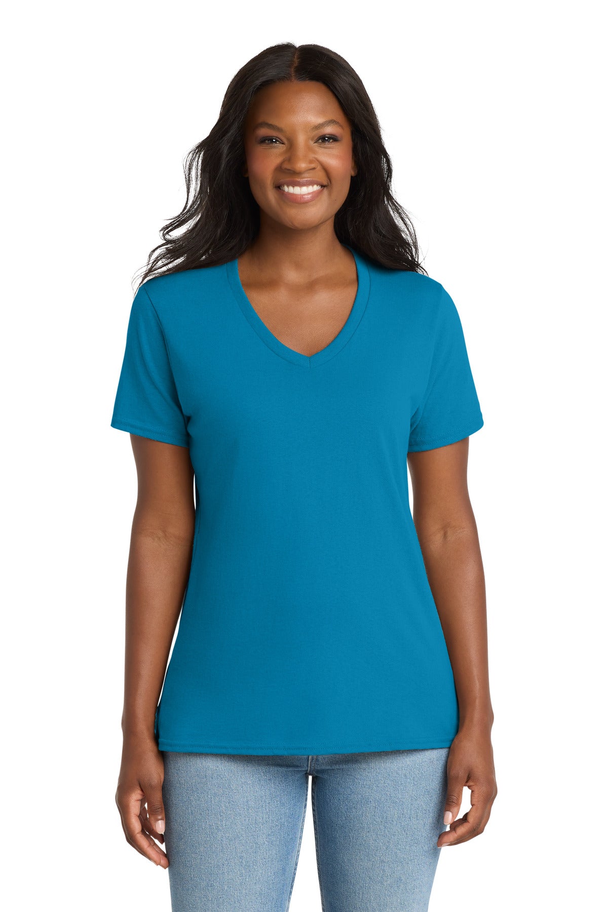 Custom logo Port & Co® Women's Core Cotton V-Neck Tee. LPC54V in Neon Blue
