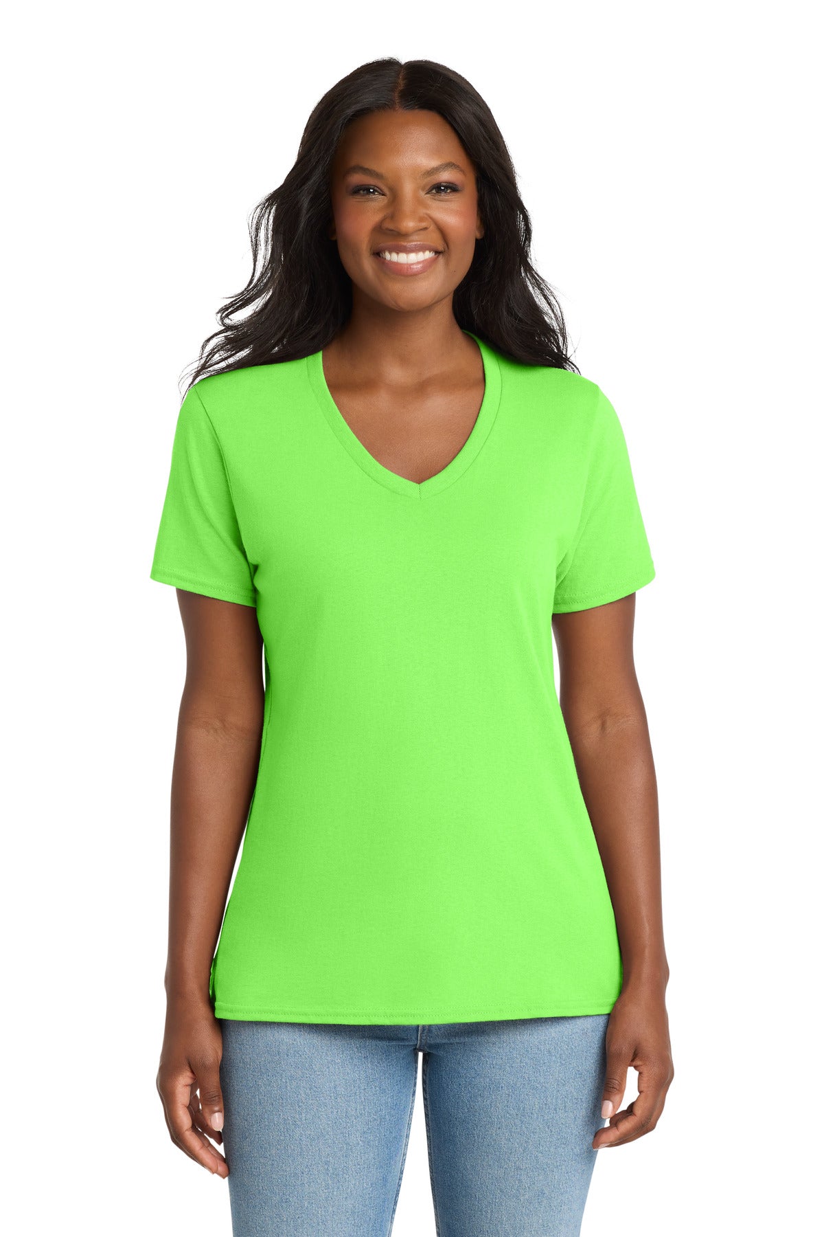 Custom logo Port & Co® Women's Core Cotton V-Neck Tee. LPC54V in Neon Green