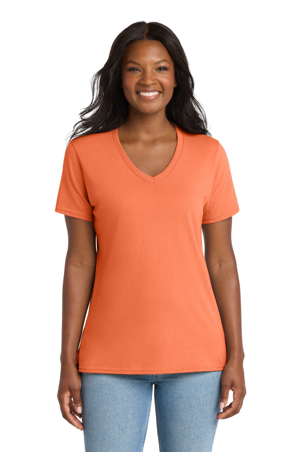 Custom logo Port & Co® Women's Core Cotton V-Neck Tee. LPC54V in Neon Orange
