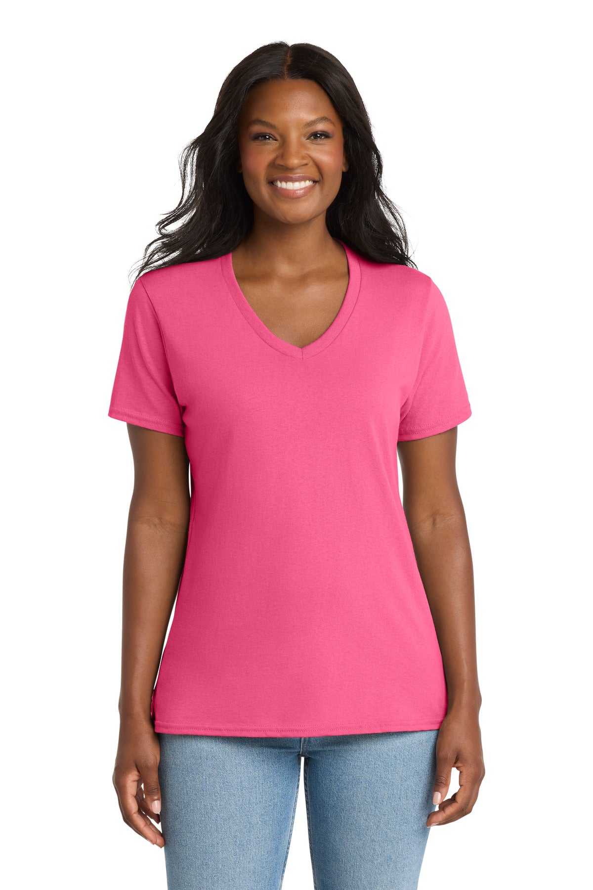 Custom logo Port & Co® Women's Core Cotton V-Neck Tee. LPC54V in Neon Pink
