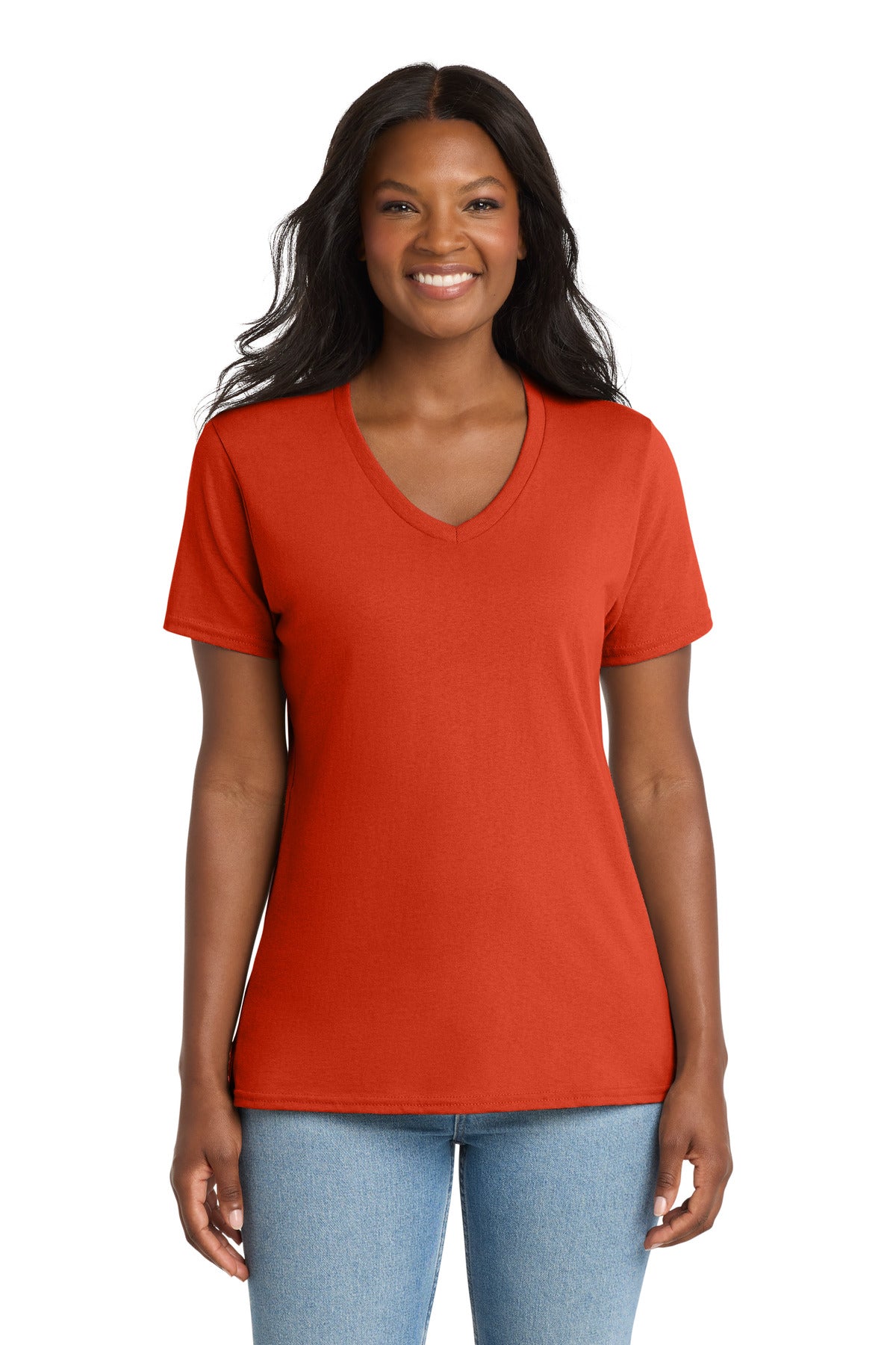 Custom logo Port & Co® Women's Core Cotton V-Neck Tee. LPC54V in Orange