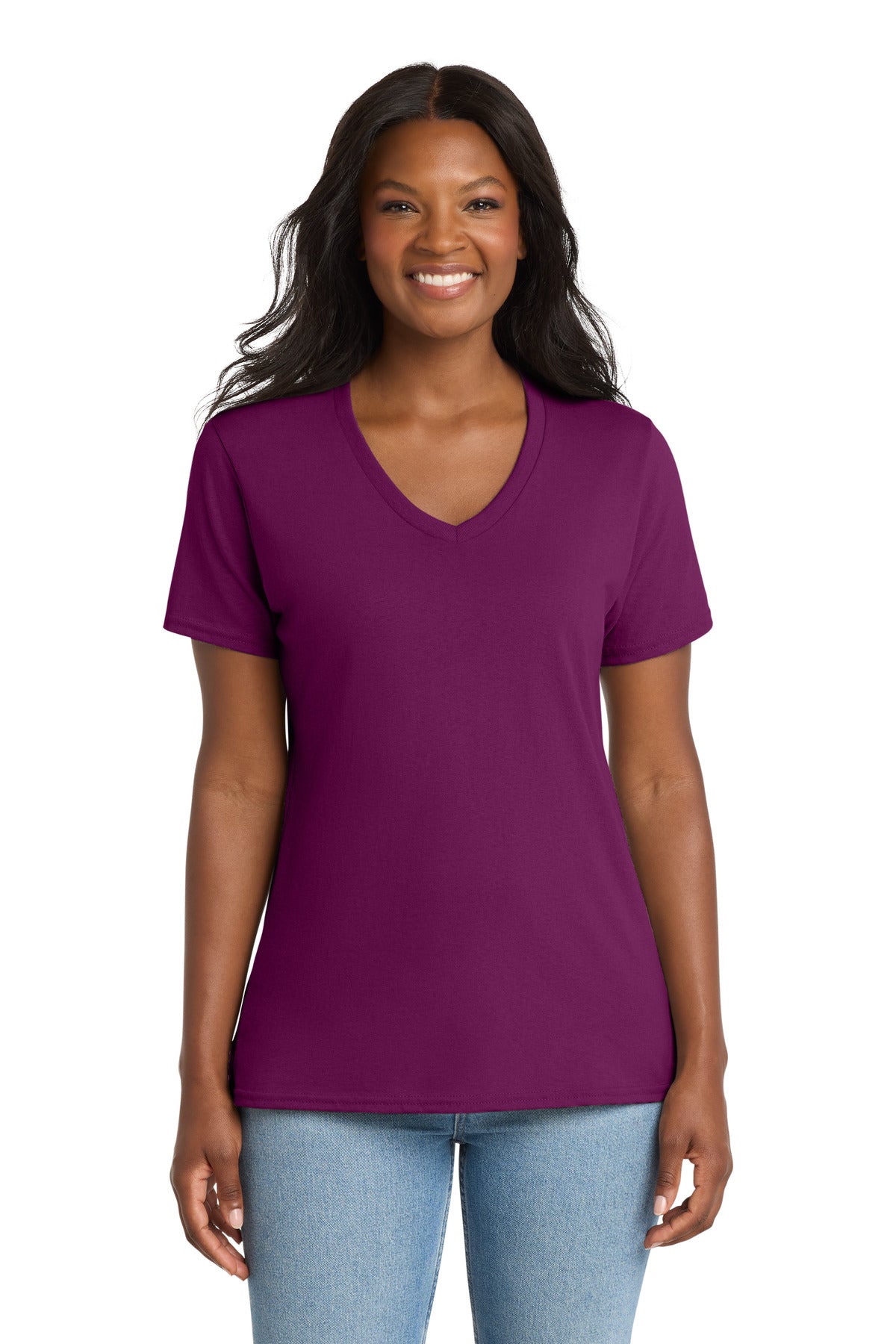 Custom logo Port & Co® Women's Core Cotton V-Neck Tee. LPC54V in Raspberry