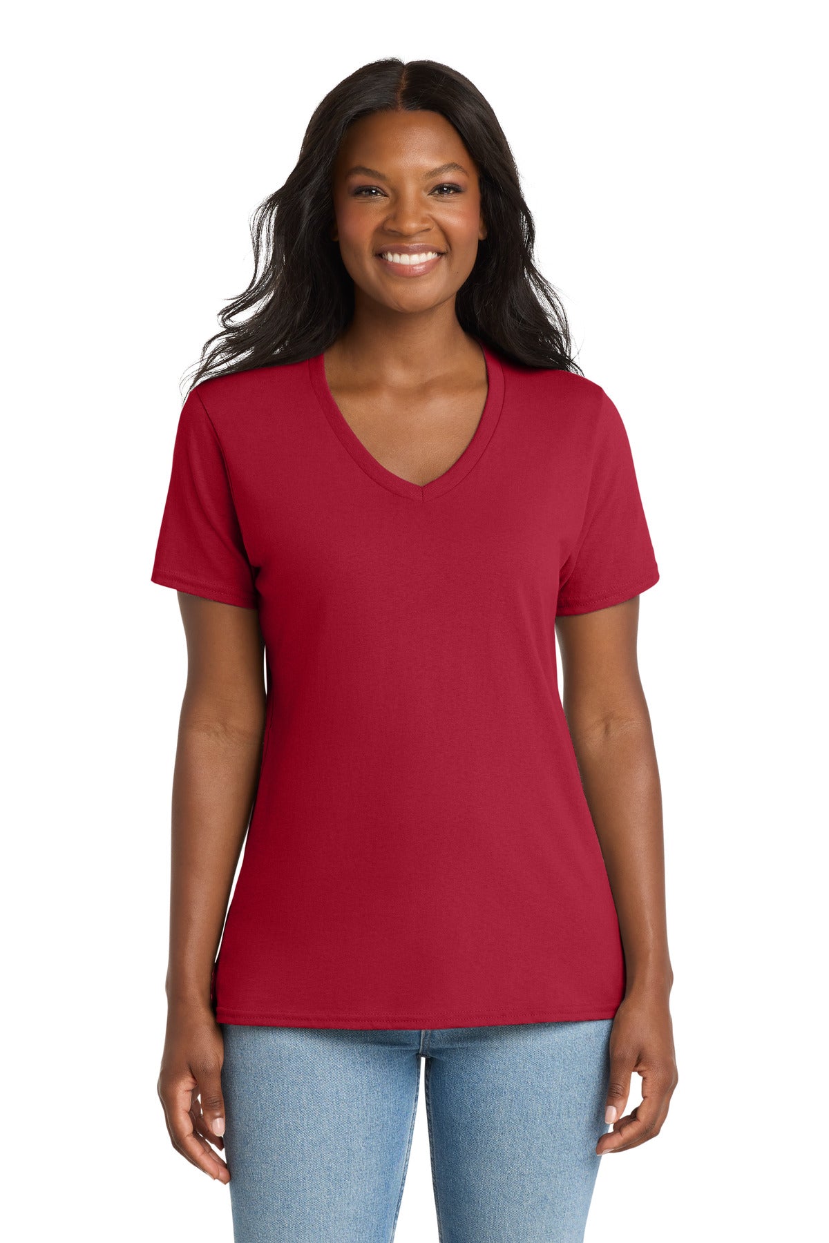 Custom logo Port & Co® Women's Core Cotton V-Neck Tee. LPC54V in Red
