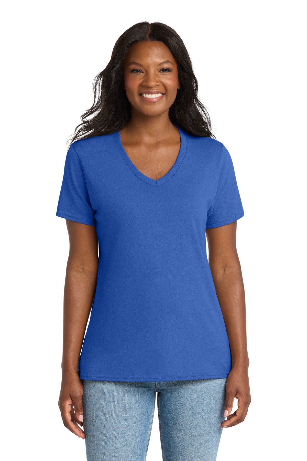 Custom logo Port & Co® Women's Core Cotton V-Neck Tee. LPC54V in Royal