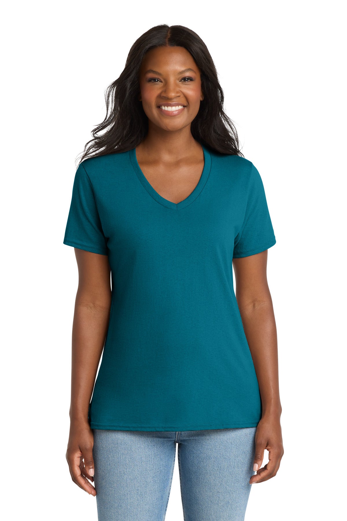 Custom logo Port & Co® Women's Core Cotton V-Neck Tee. LPC54V in Teal