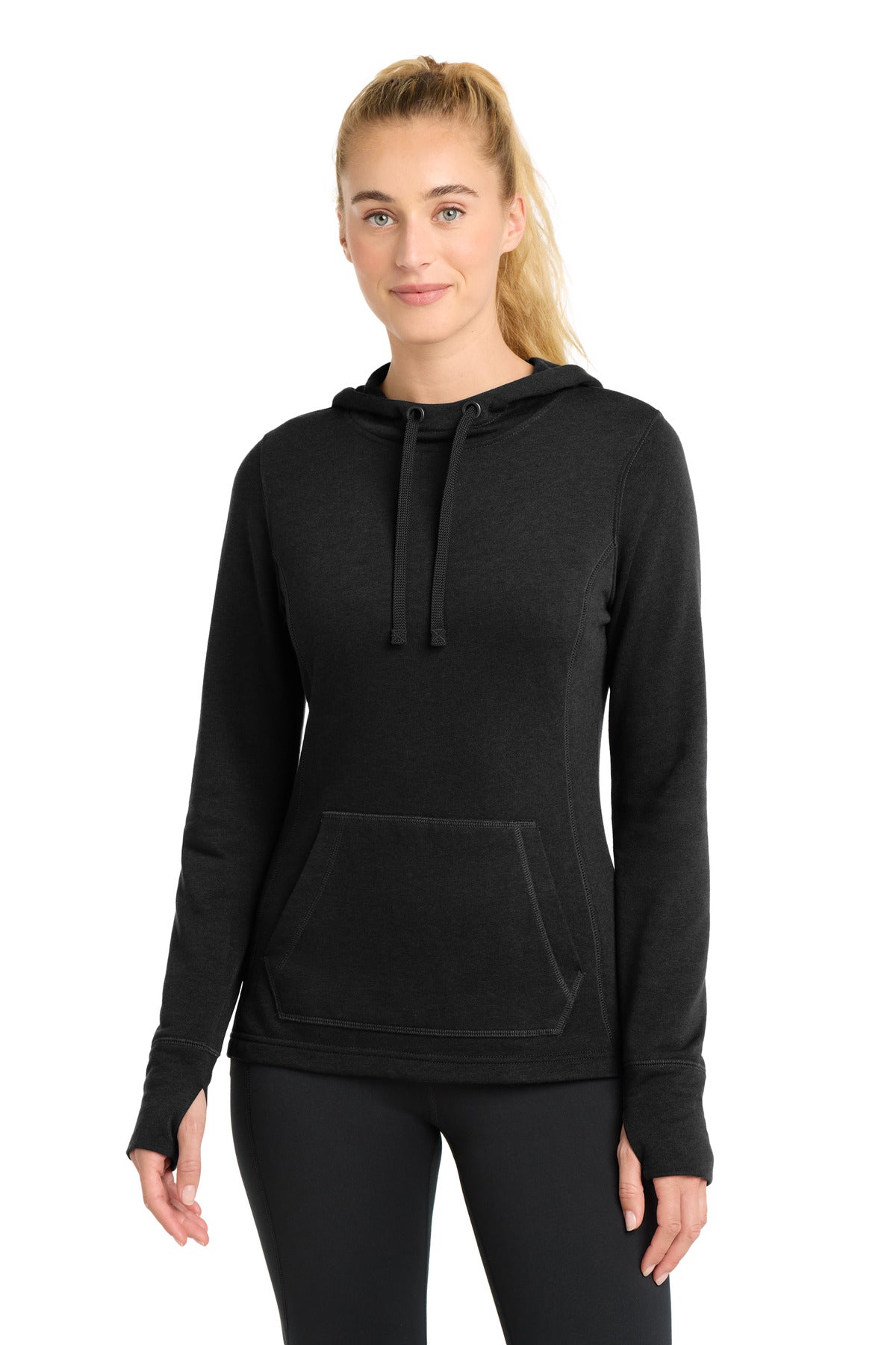 Custom logo Sport-Tek ® Women's PosiCharge ® Tri-Blend Wicking Fleece Hooded Pullover. LST296 in Black Triad Solid
