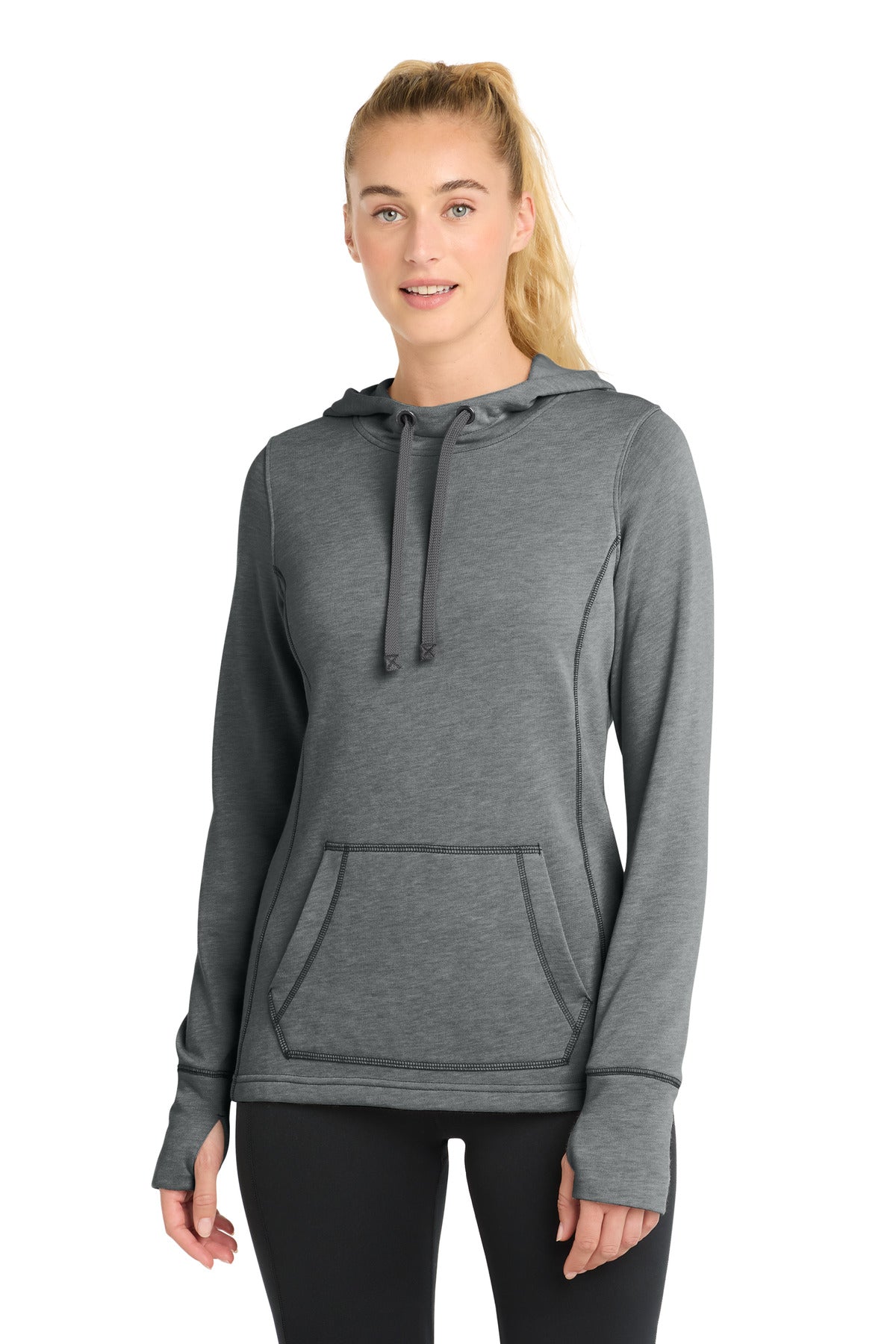 Custom logo Sport-Tek ® Women's PosiCharge ® Tri-Blend Wicking Fleece Hooded Pullover. LST296 in Dark Grey Heather