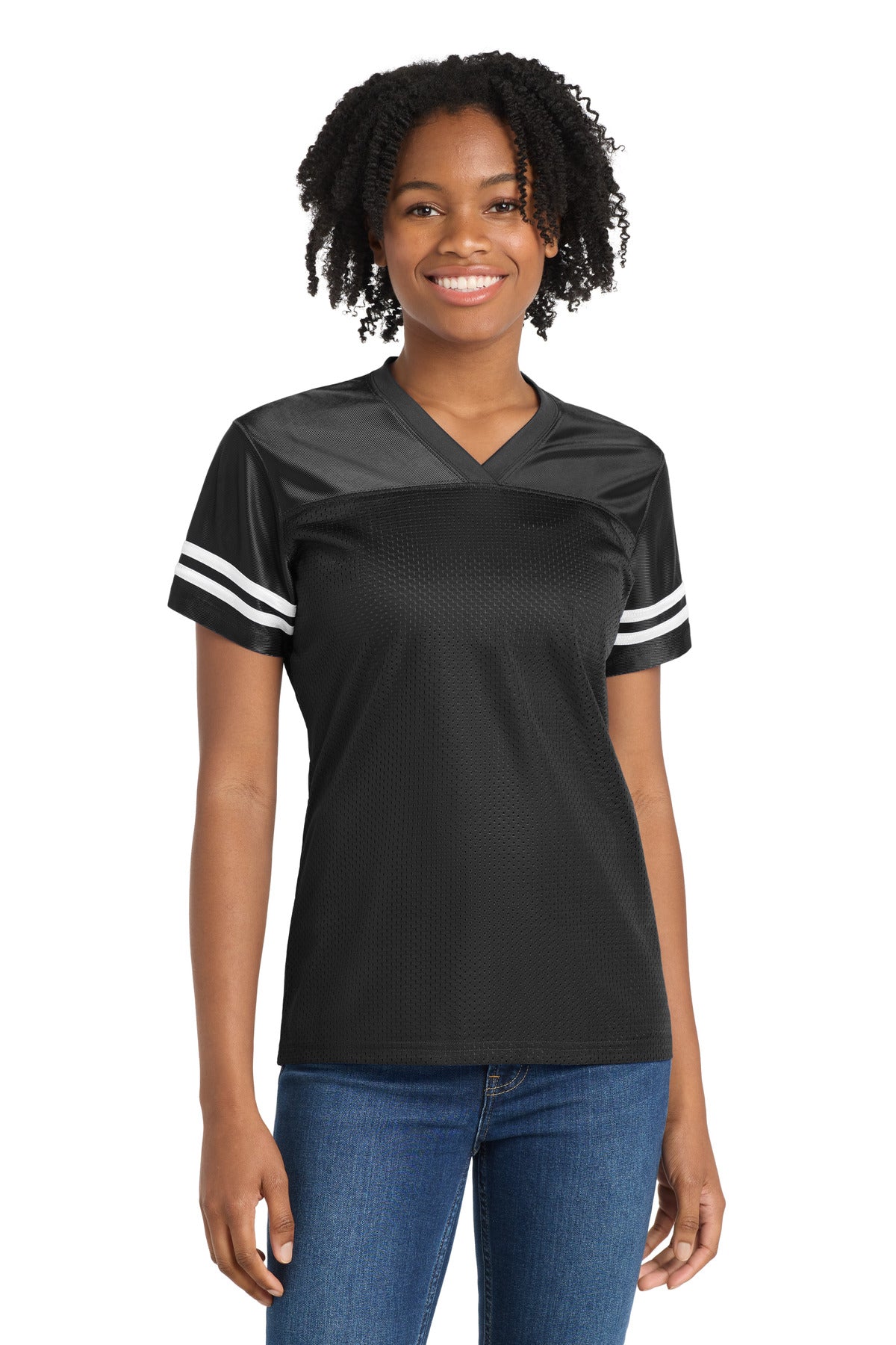 Custom logo Sport-Tek® Women's PosiCharge® Replica Jersey. LST307 in Black/ White
