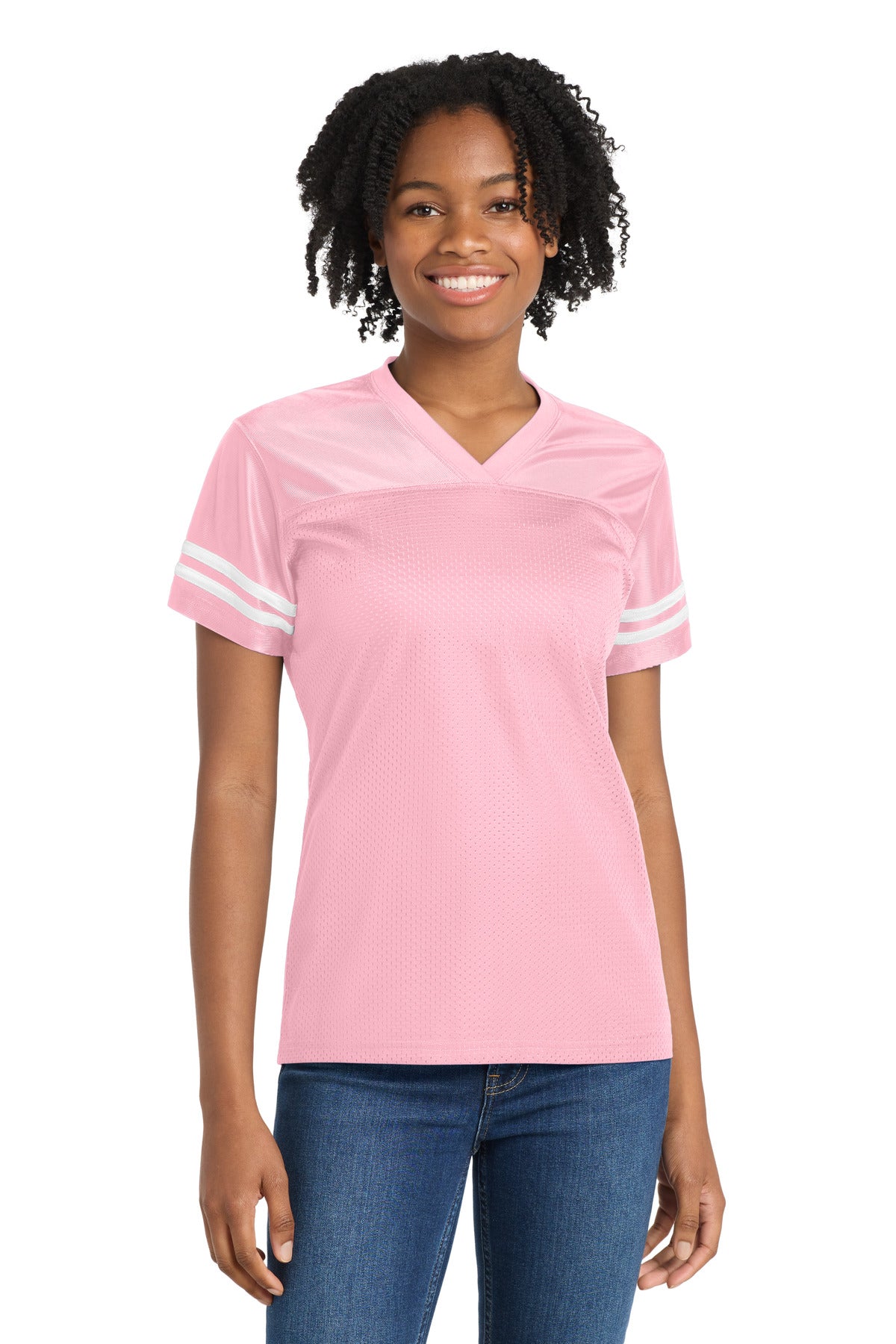 Custom logo Sport-Tek® Women's PosiCharge® Replica Jersey. LST307 in Light Pink/ White