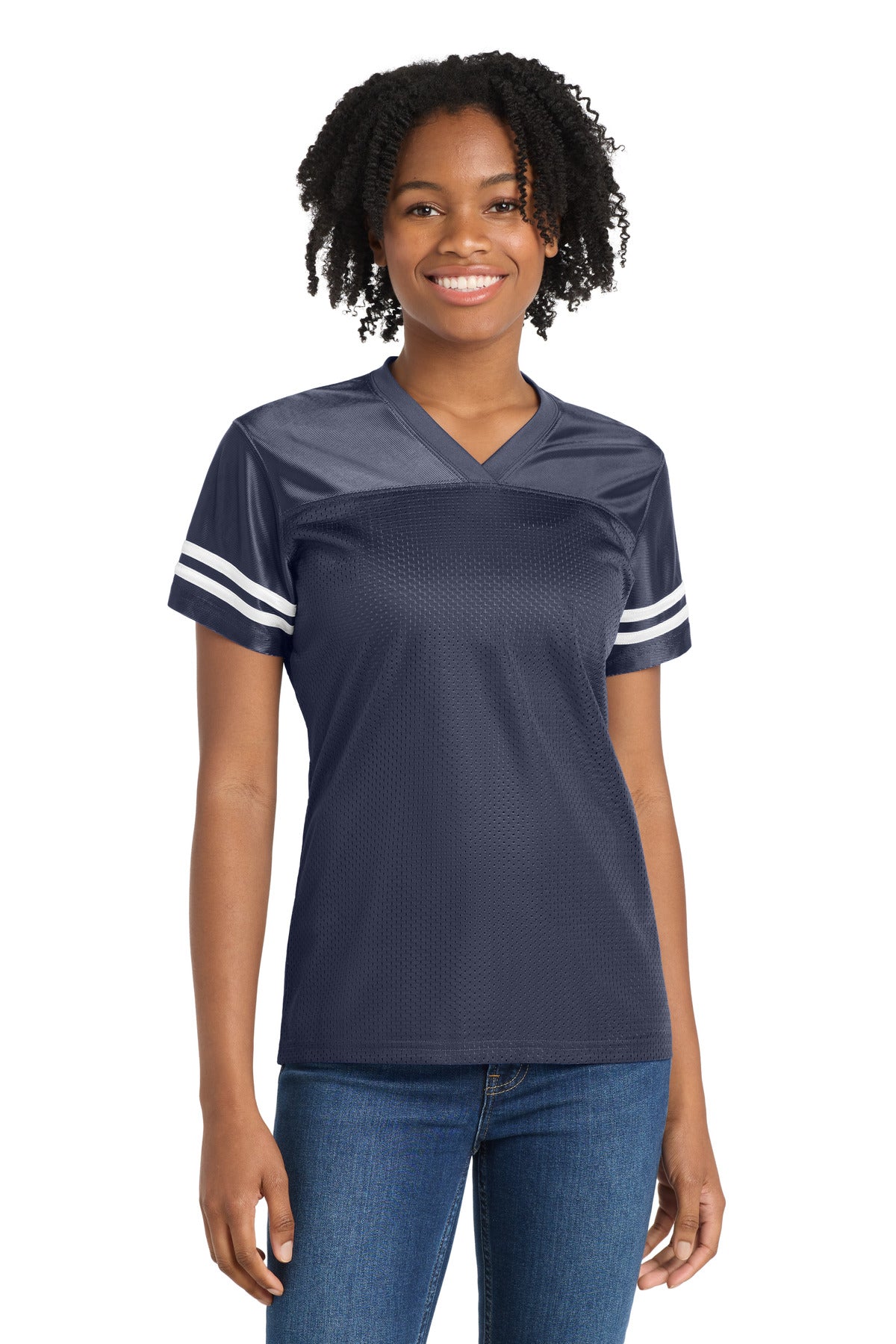 Custom logo Sport-Tek® Women's PosiCharge® Replica Jersey. LST307 in True Navy/ White