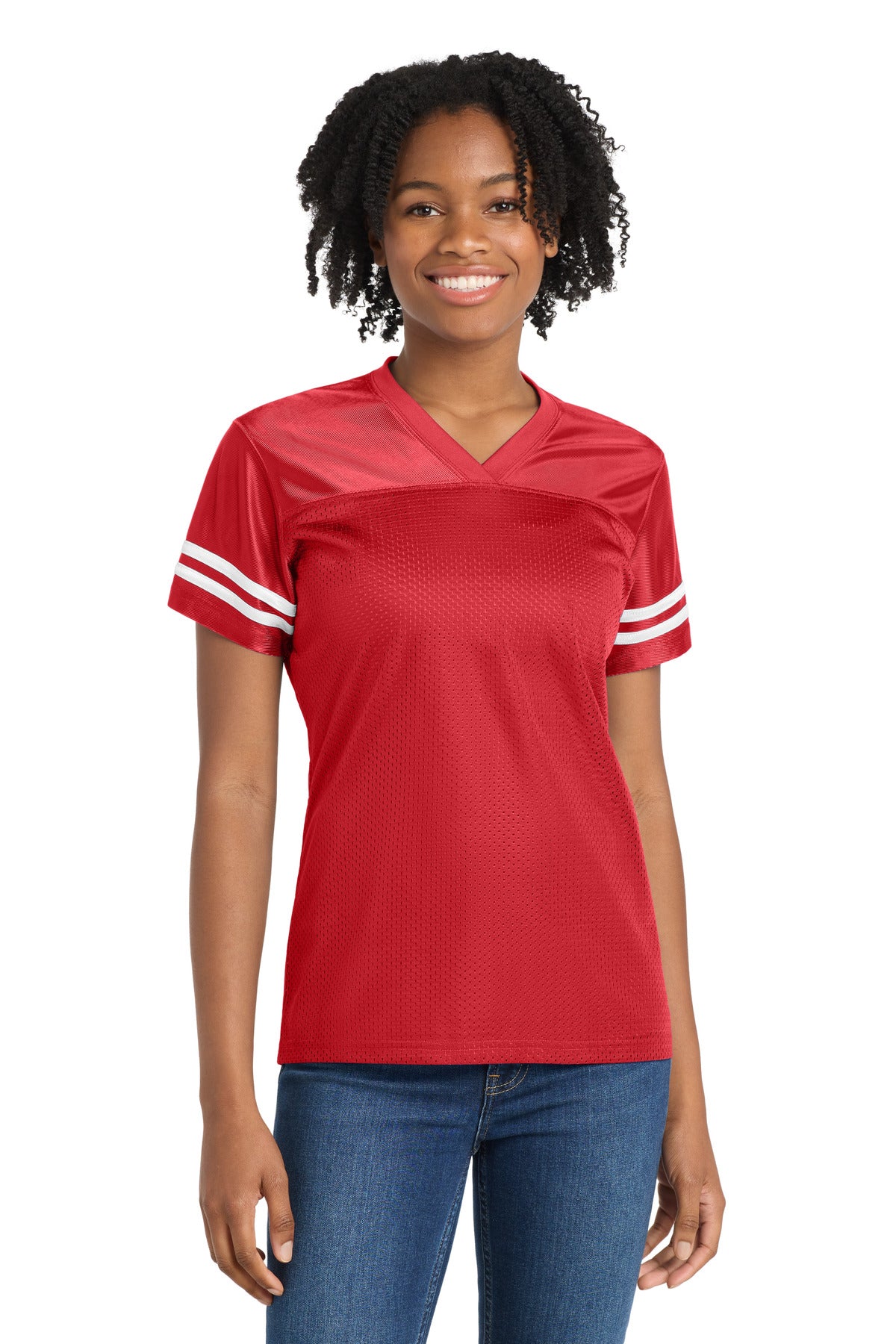 Custom logo Sport-Tek® Women's PosiCharge® Replica Jersey. LST307 in True Red/ White