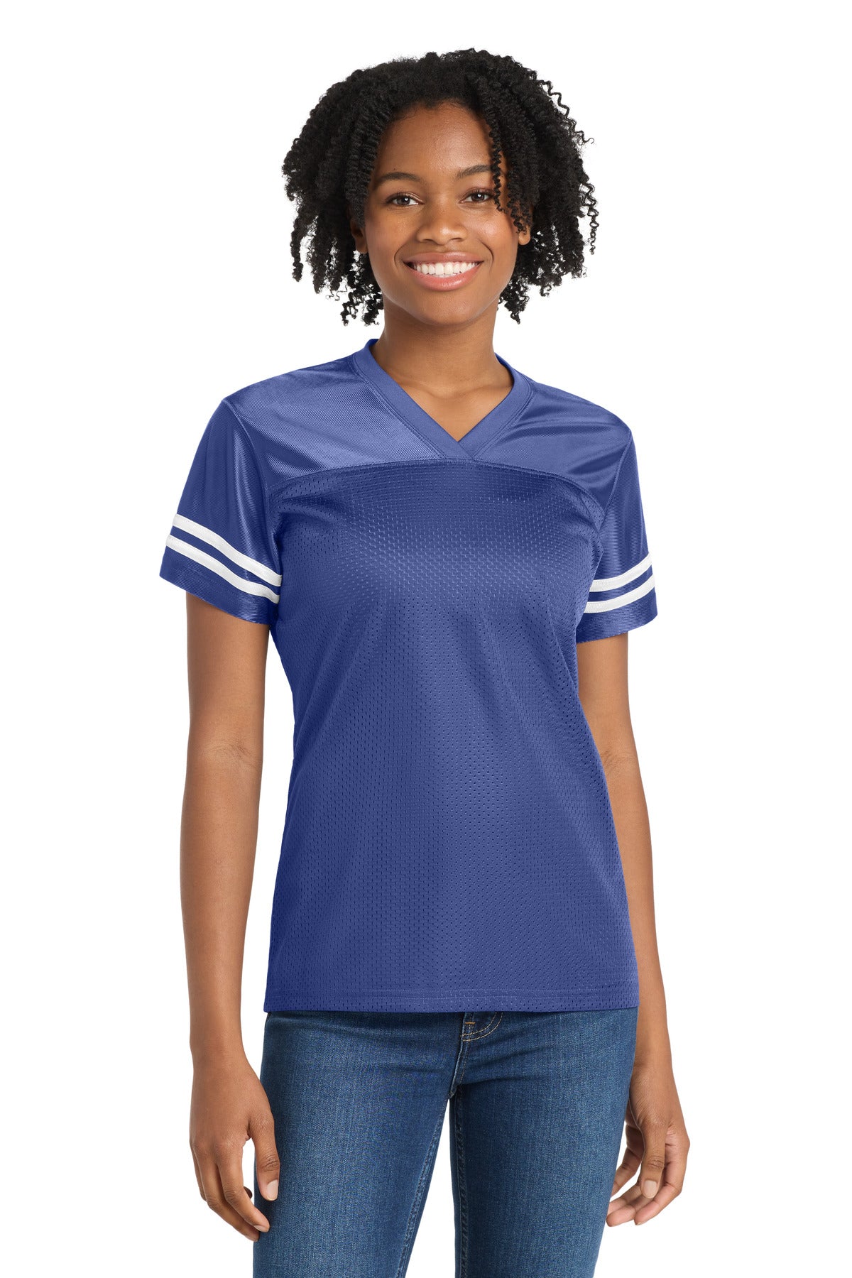 Custom logo Sport-Tek® Women's PosiCharge® Replica Jersey. LST307 in True Royal/ White