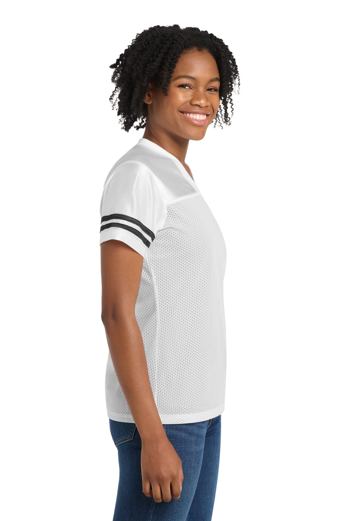 Custom logo Sport-Tek® Women's PosiCharge® Replica Jersey. LST307 in White/ Black
