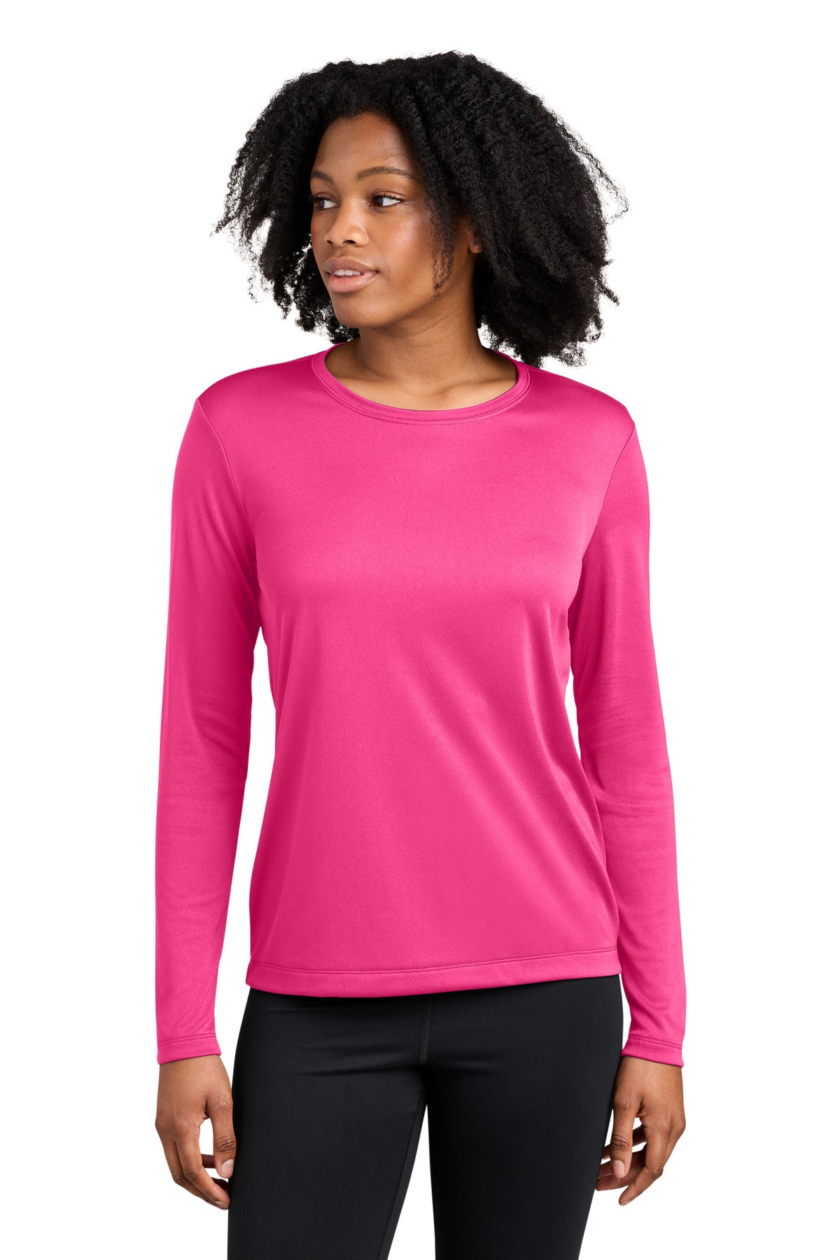 Custom logo Sport-Tek® Women's Competitor™ Long Sleeve Crewneck LST350LS in Neon Pink