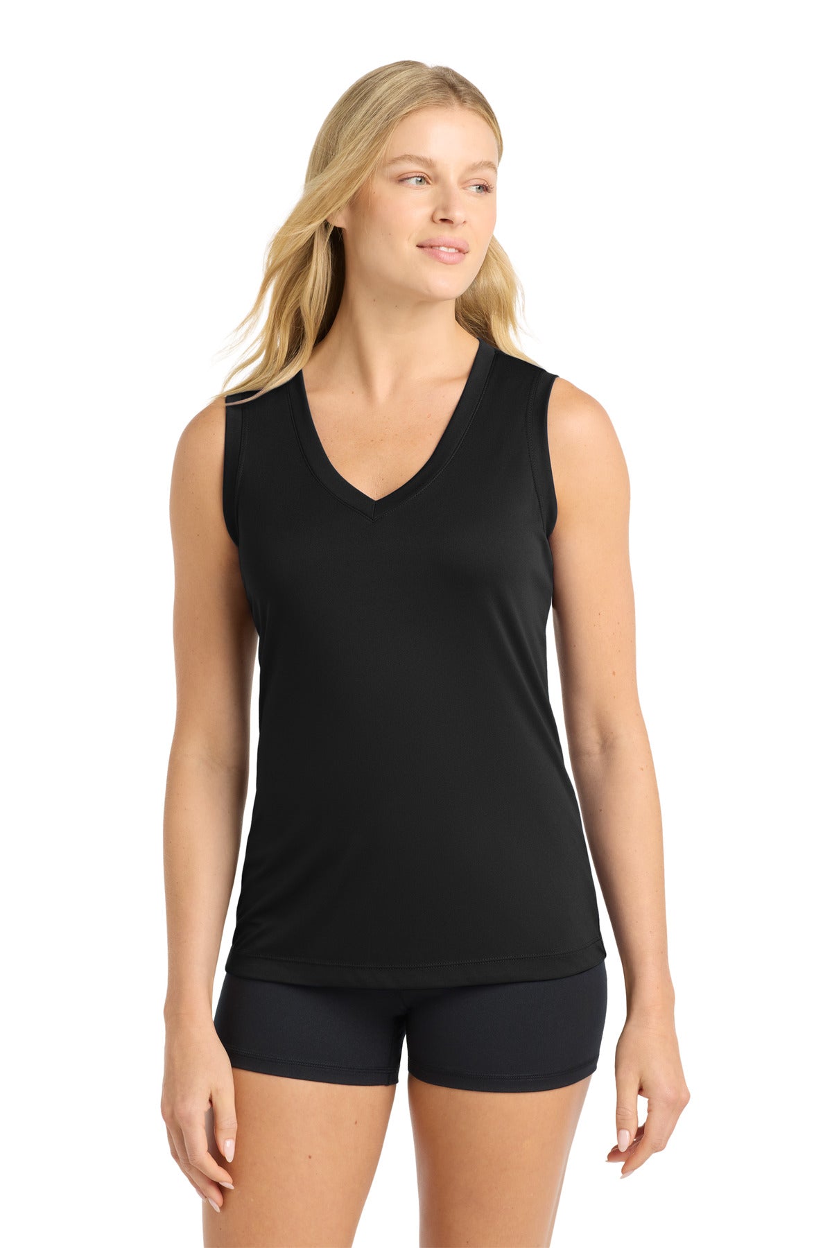 Custom logo Sport-Tek® Women's Sleeveless PosiCharge® Competitor™ V-Neck Tee. LST352 in Black