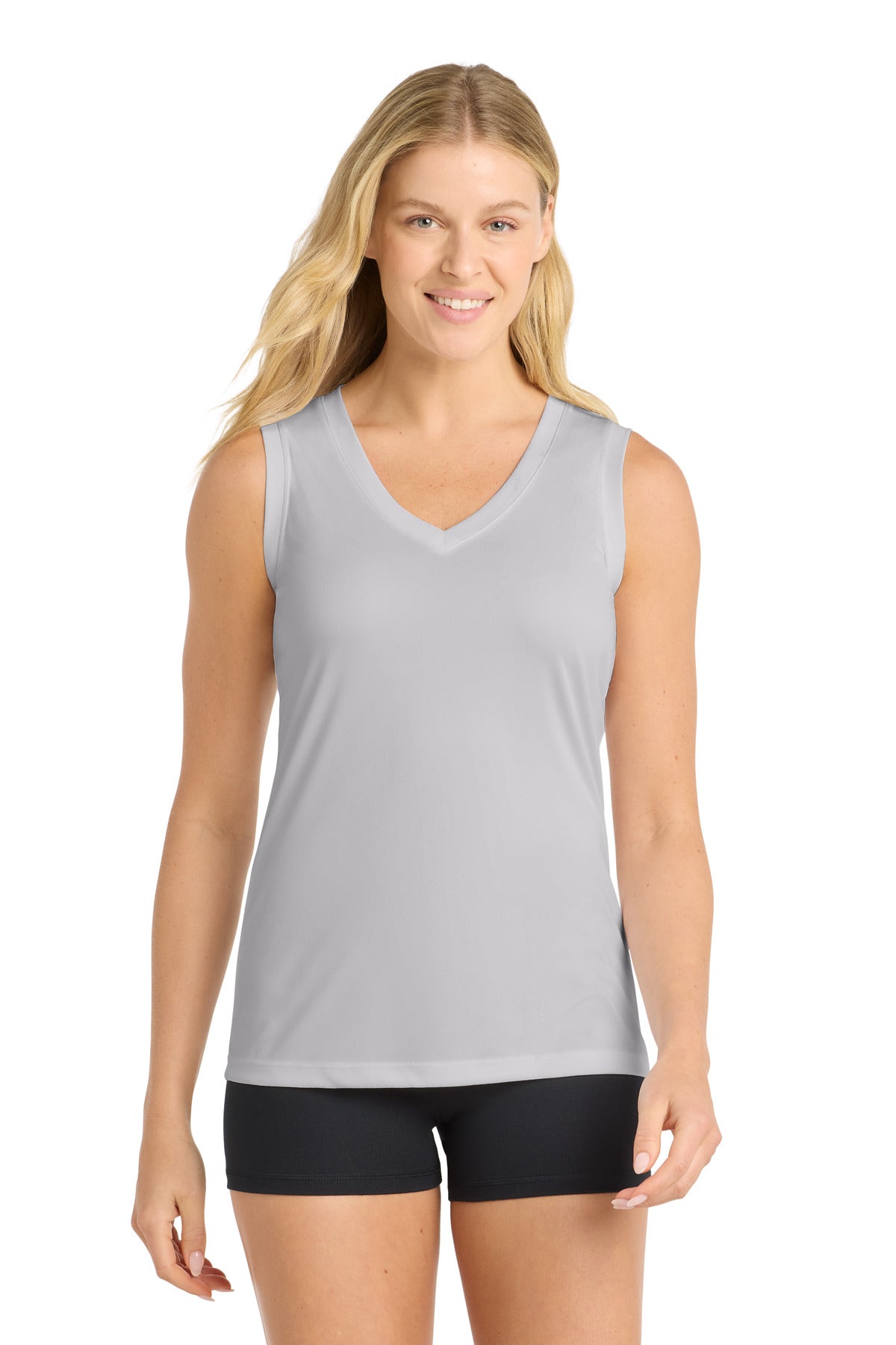 Custom logo Sport-Tek® Women's Sleeveless PosiCharge® Competitor™ V-Neck Tee. LST352 in Silver