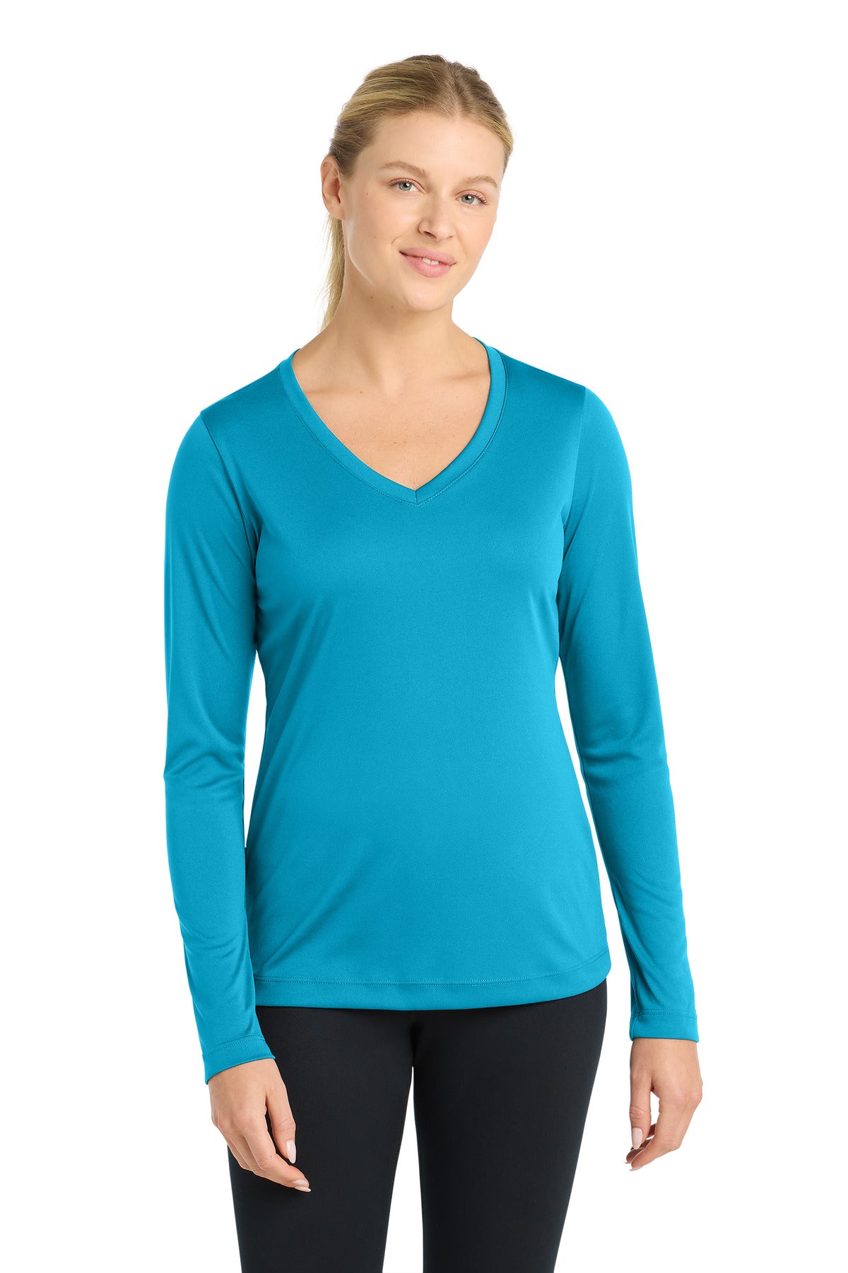 Custom logo Sport-Tek® Women's Long Sleeve PosiCharge® Competitor™ V-Neck Tee. LST353LS in Atomic Blue