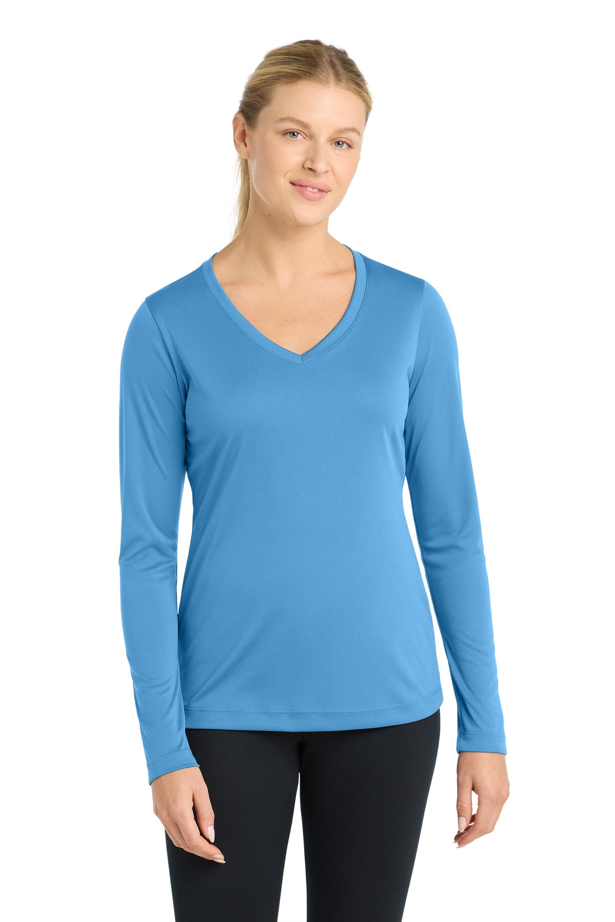 Custom logo Sport-Tek® Women's Long Sleeve PosiCharge® Competitor™ V-Neck Tee. LST353LS in Carolina Blue