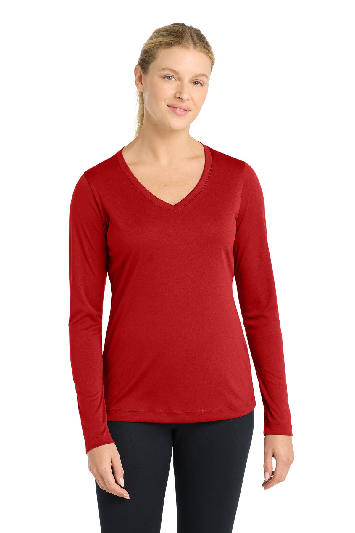 Custom logo Sport-Tek® Women's Long Sleeve PosiCharge® Competitor™ V-Neck Tee. LST353LS in Deep Red