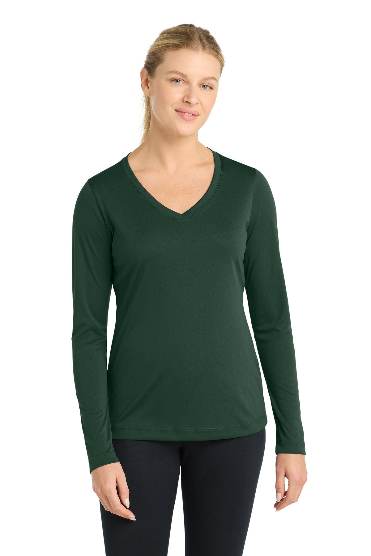 Custom logo Sport-Tek® Women's Long Sleeve PosiCharge® Competitor™ V-Neck Tee. LST353LS in Forest Green