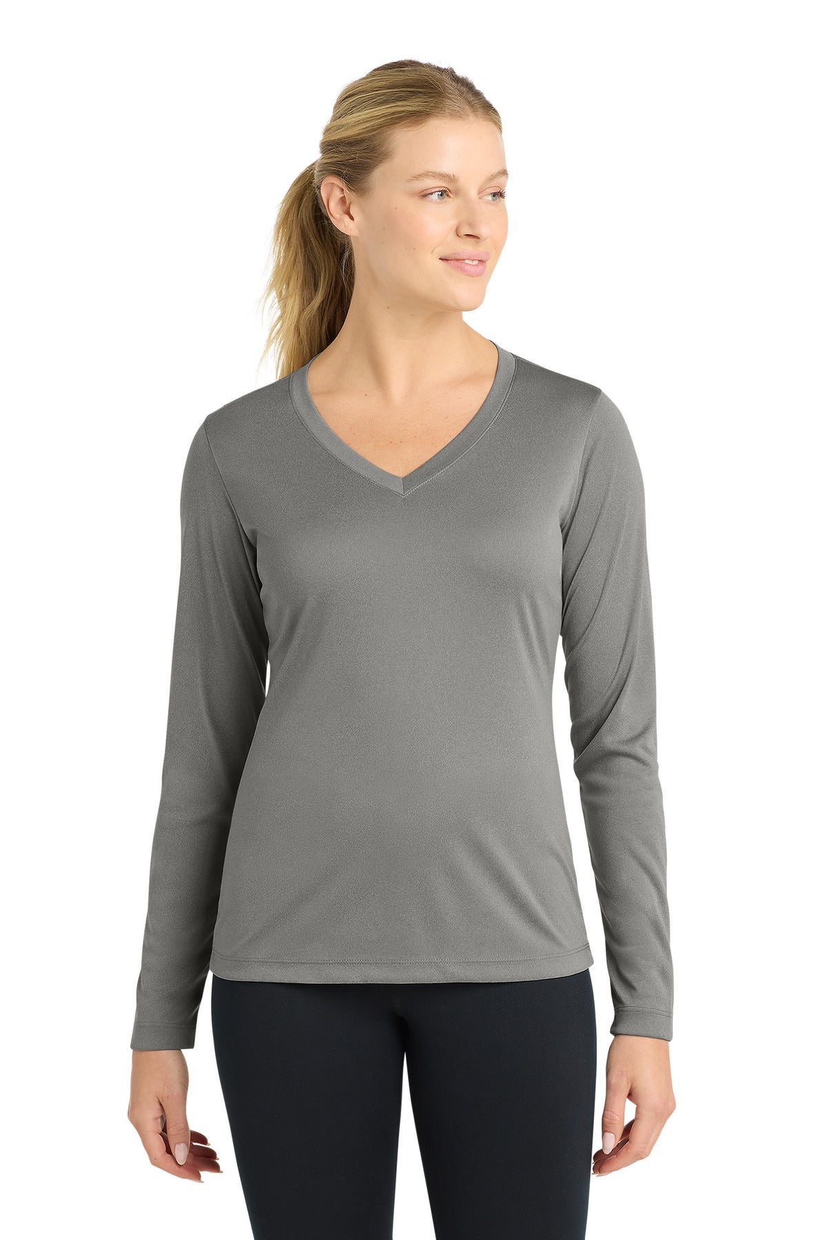 Custom logo Sport-Tek® Women's Long Sleeve PosiCharge® Competitor™ V-Neck Tee. LST353LS in Grey Concrete Heather