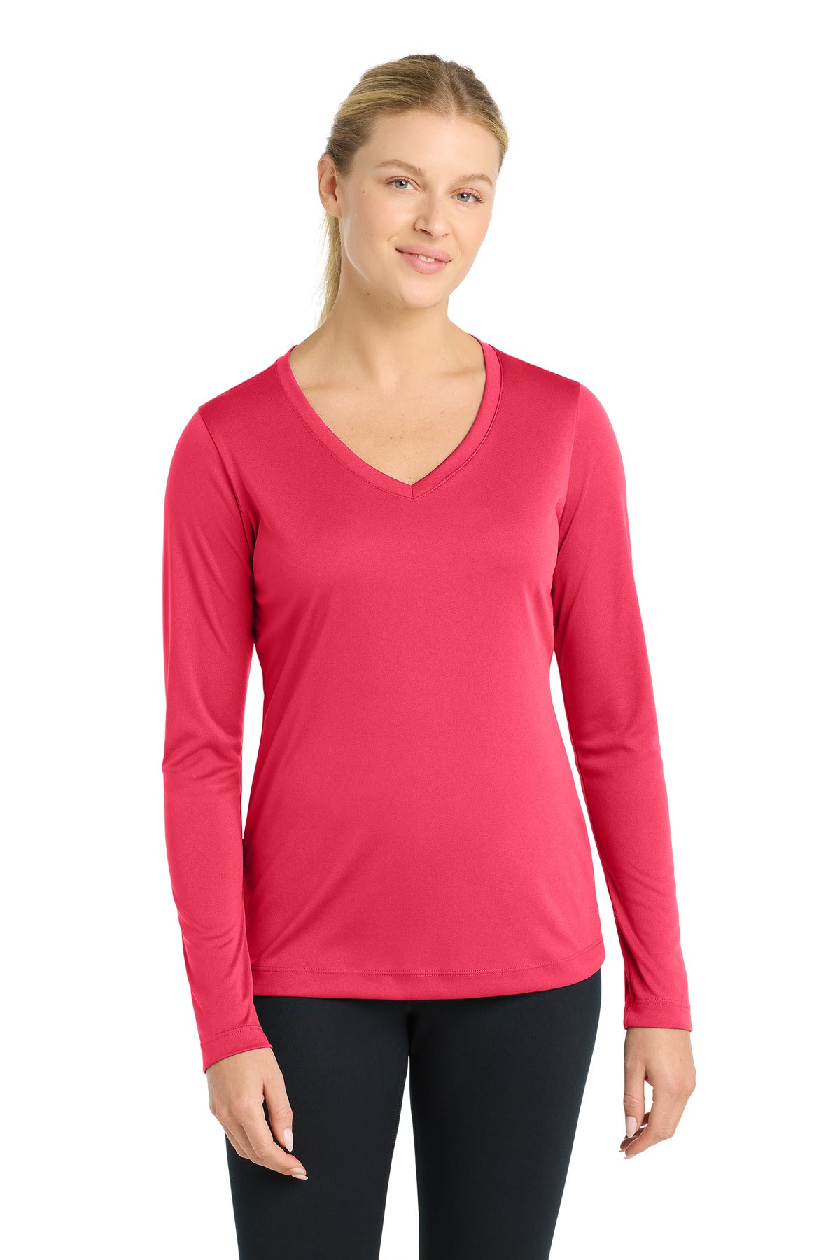 Custom logo Sport-Tek® Women's Long Sleeve PosiCharge® Competitor™ V-Neck Tee. LST353LS in Hot Coral