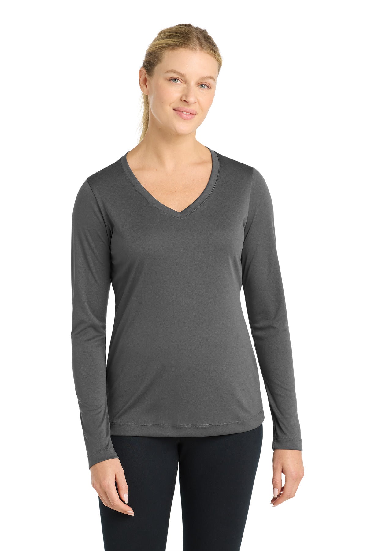 Custom logo Sport-Tek® Women's Long Sleeve PosiCharge® Competitor™ V-Neck Tee. LST353LS in Iron Grey