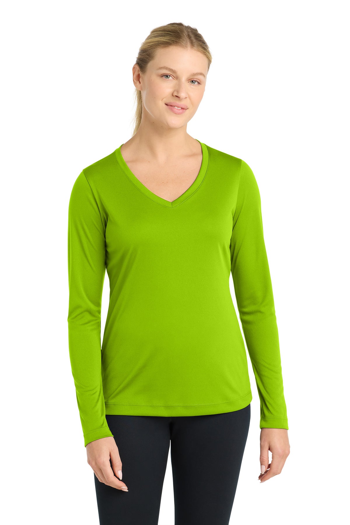 Custom logo Sport-Tek® Women's Long Sleeve PosiCharge® Competitor™ V-Neck Tee. LST353LS in Lime Shock