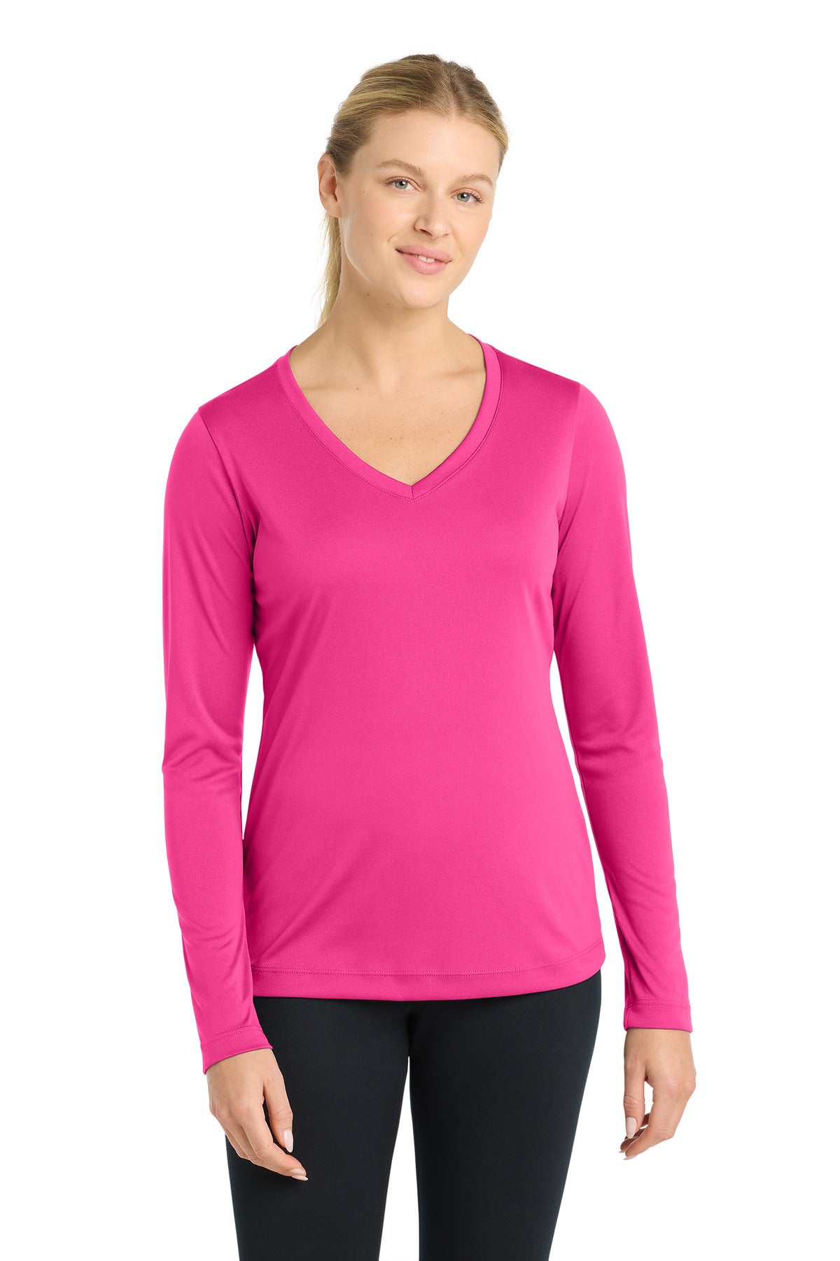 Custom logo Sport-Tek® Women's Long Sleeve PosiCharge® Competitor™ V-Neck Tee. LST353LS in Neon Pink