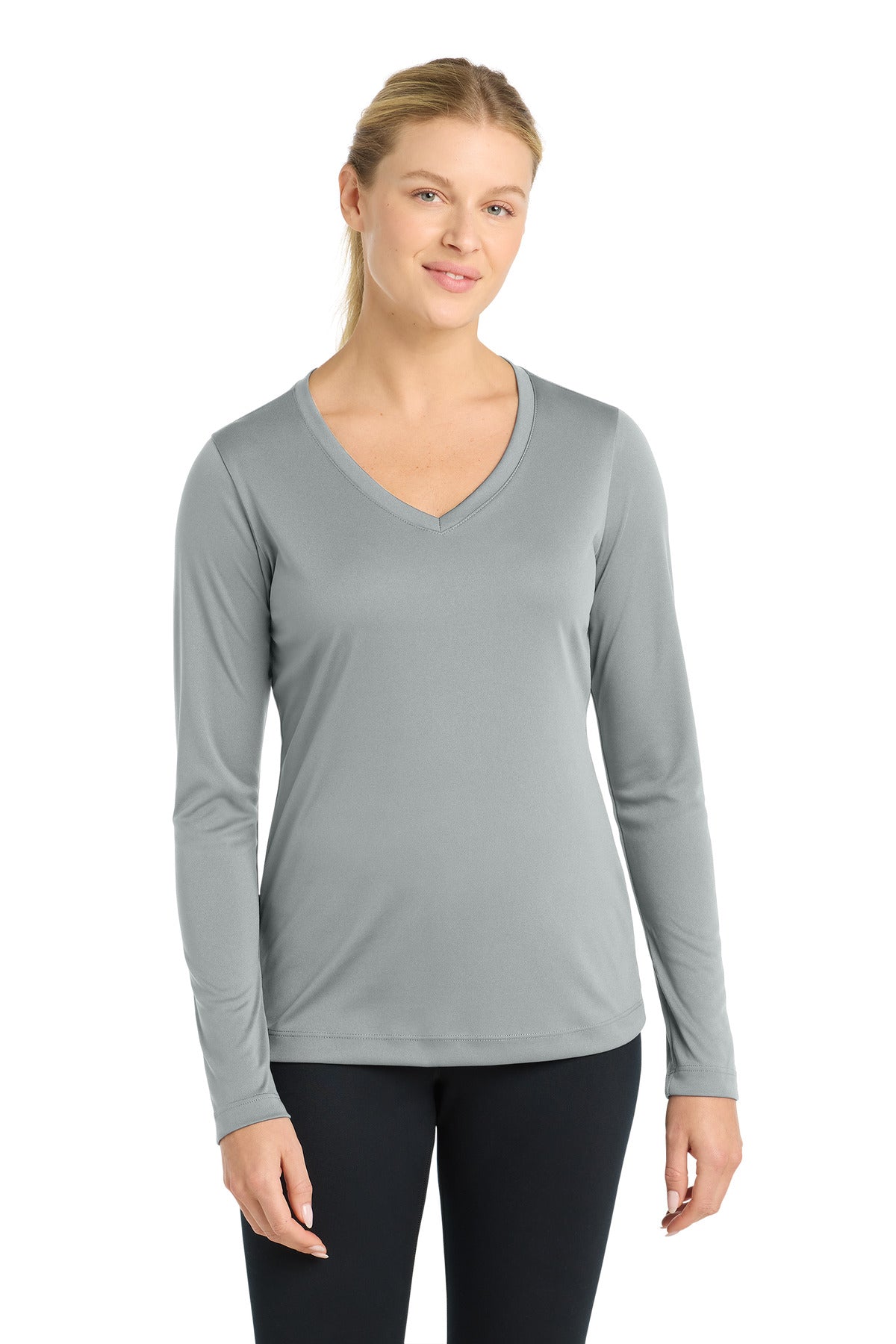 Custom logo Sport-Tek® Women's Long Sleeve PosiCharge® Competitor™ V-Neck Tee. LST353LS in Silver