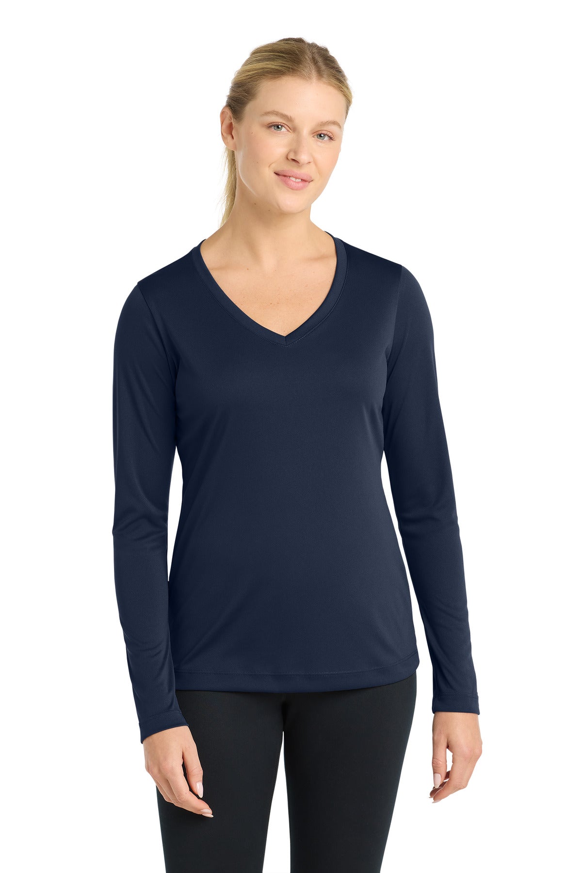 Custom logo Sport-Tek® Women's Long Sleeve PosiCharge® Competitor™ V-Neck Tee. LST353LS in True Navy