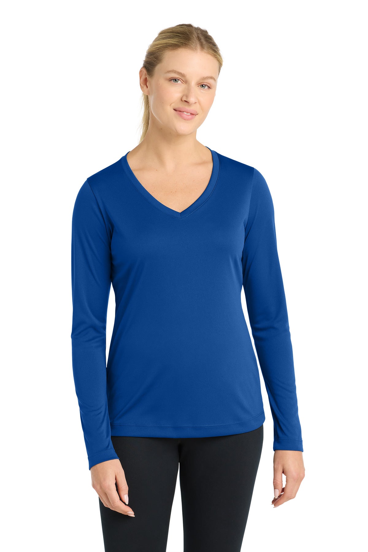 Custom logo Sport-Tek® Women's Long Sleeve PosiCharge® Competitor™ V-Neck Tee. LST353LS in True Royal