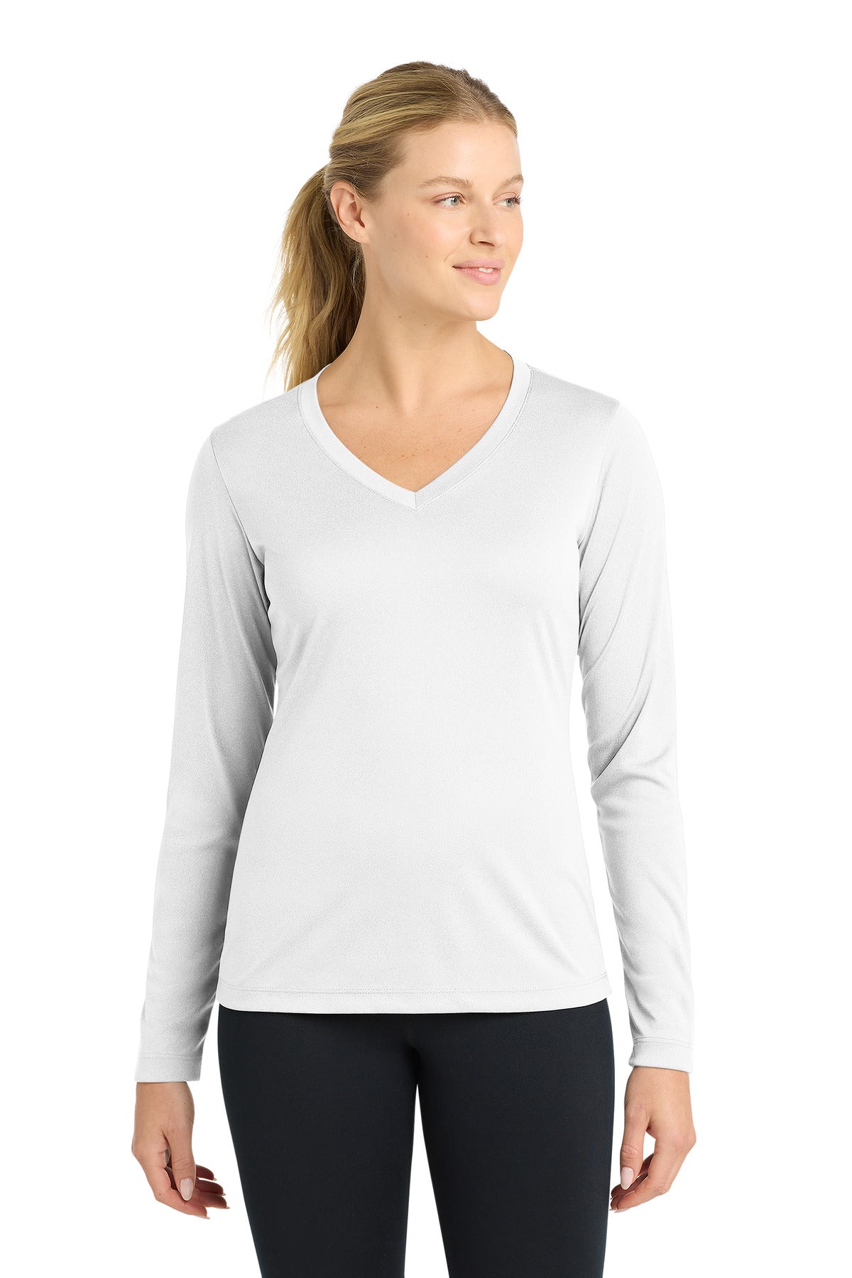 Custom logo Sport-Tek® Women's Long Sleeve PosiCharge® Competitor™ V-Neck Tee. LST353LS in White